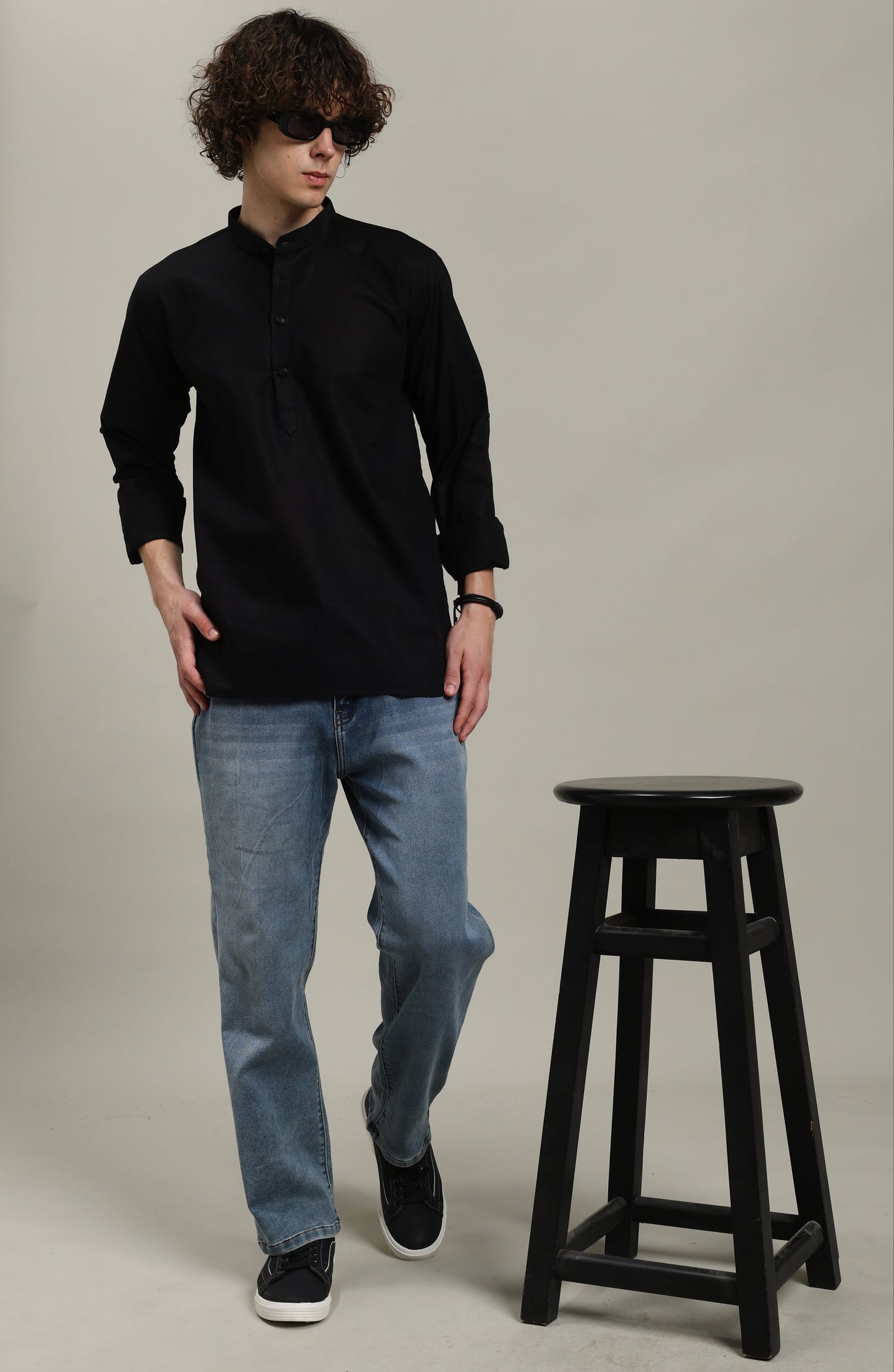 Black Linen Short Kurta