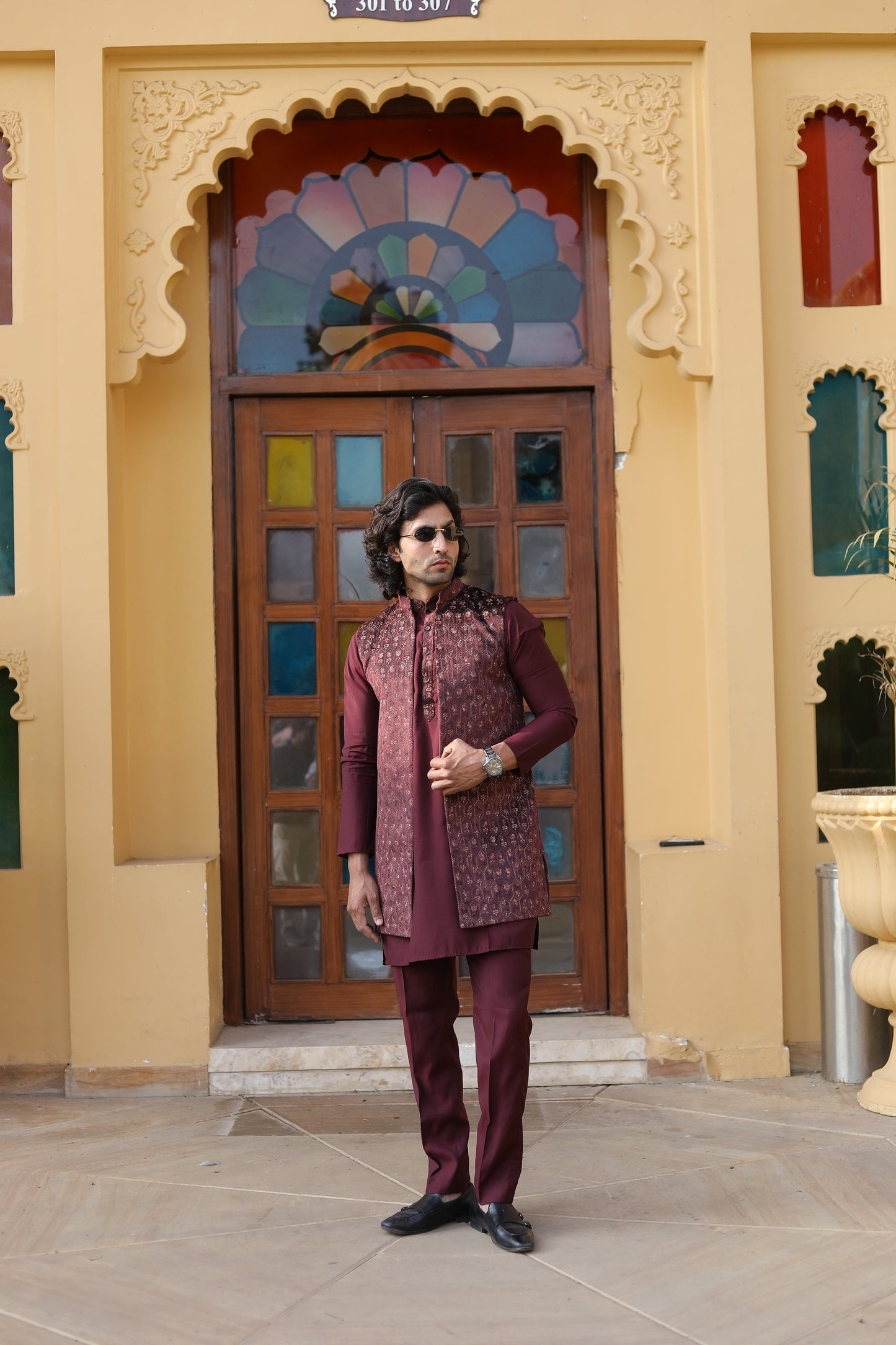 Maroon Velvet Long Jacket Set
