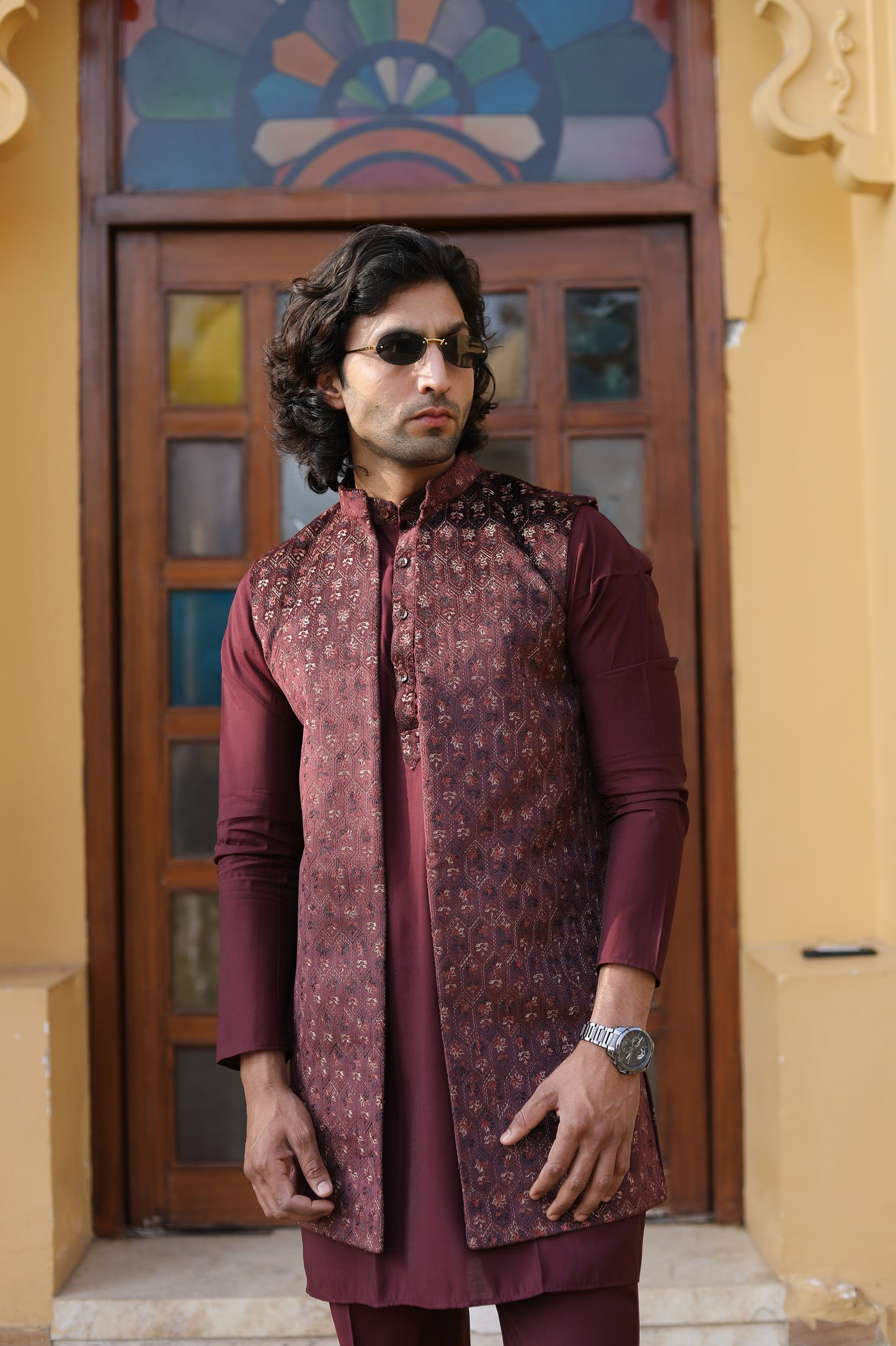 Maroon Velvet Long Jacket Set