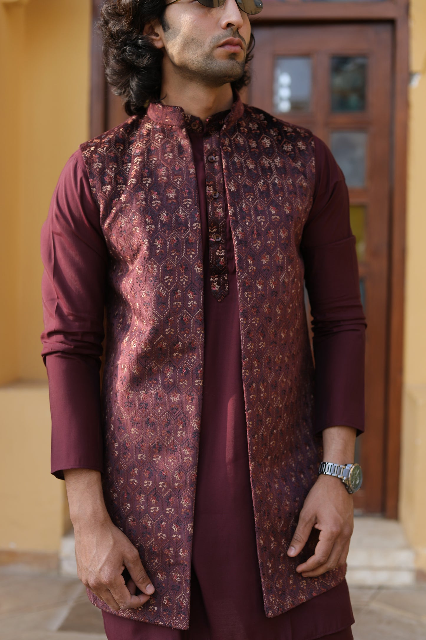 Maroon Velvet Long Jacket Set