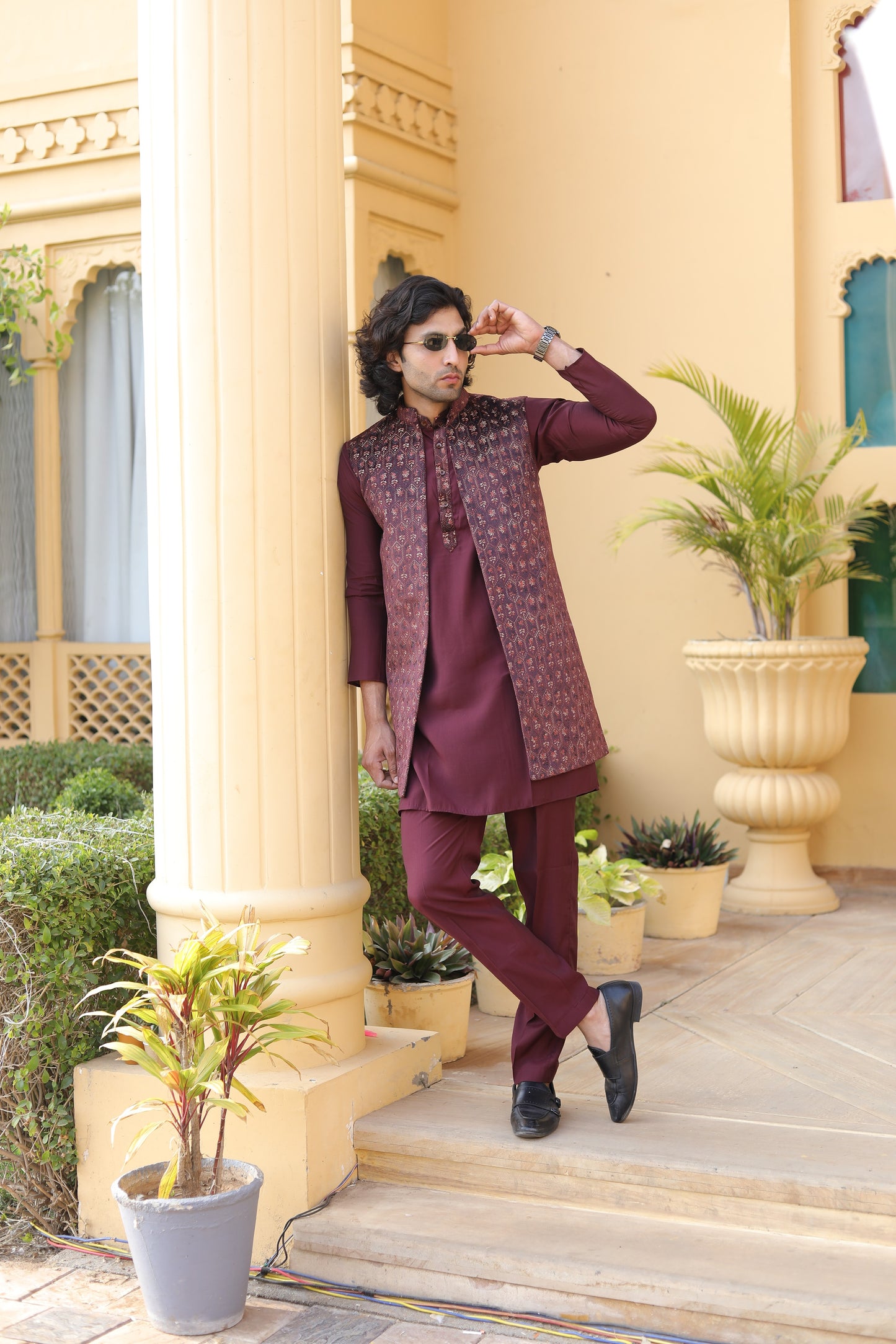 Maroon Velvet Long Jacket Set