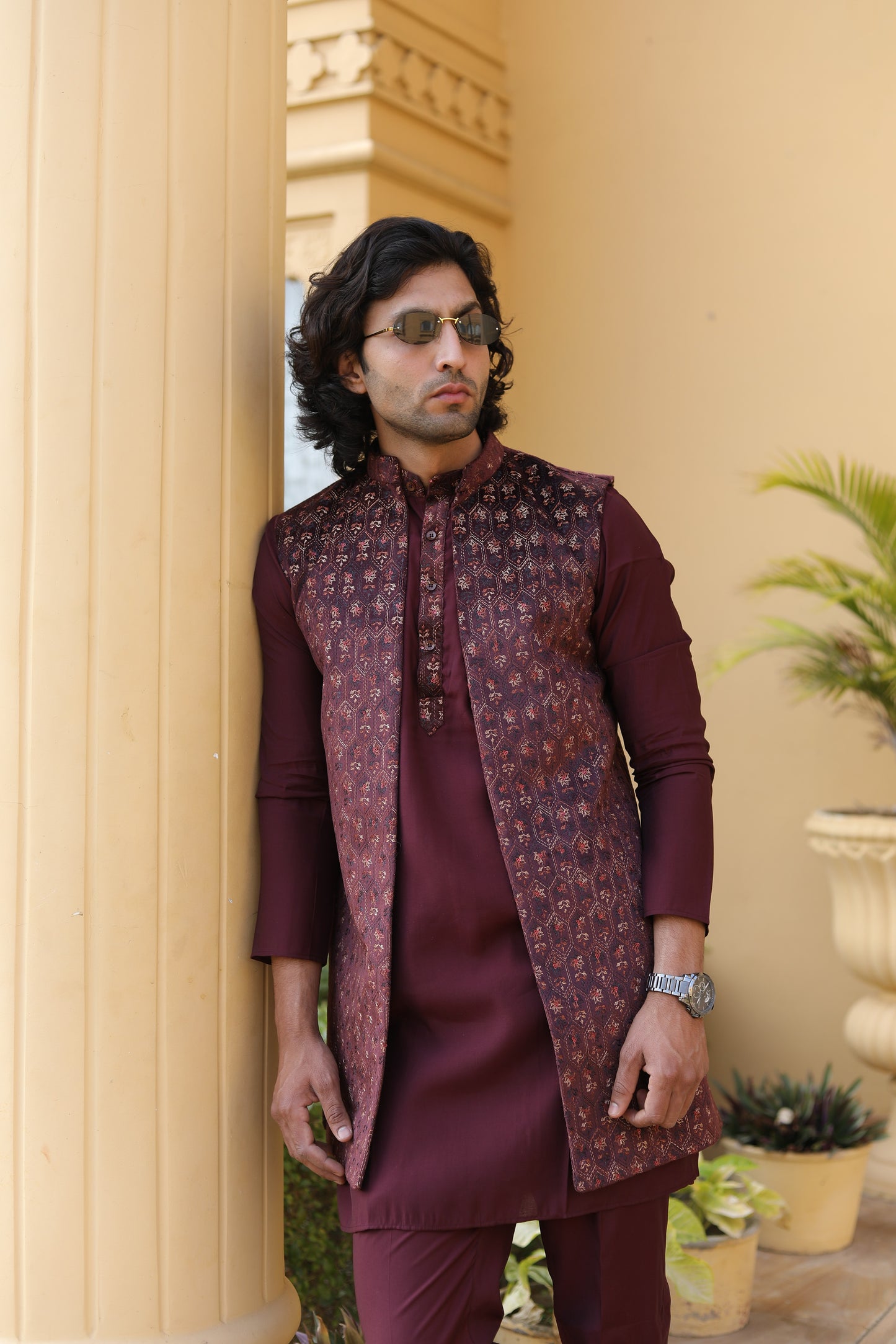Maroon Velvet Long Jacket Set