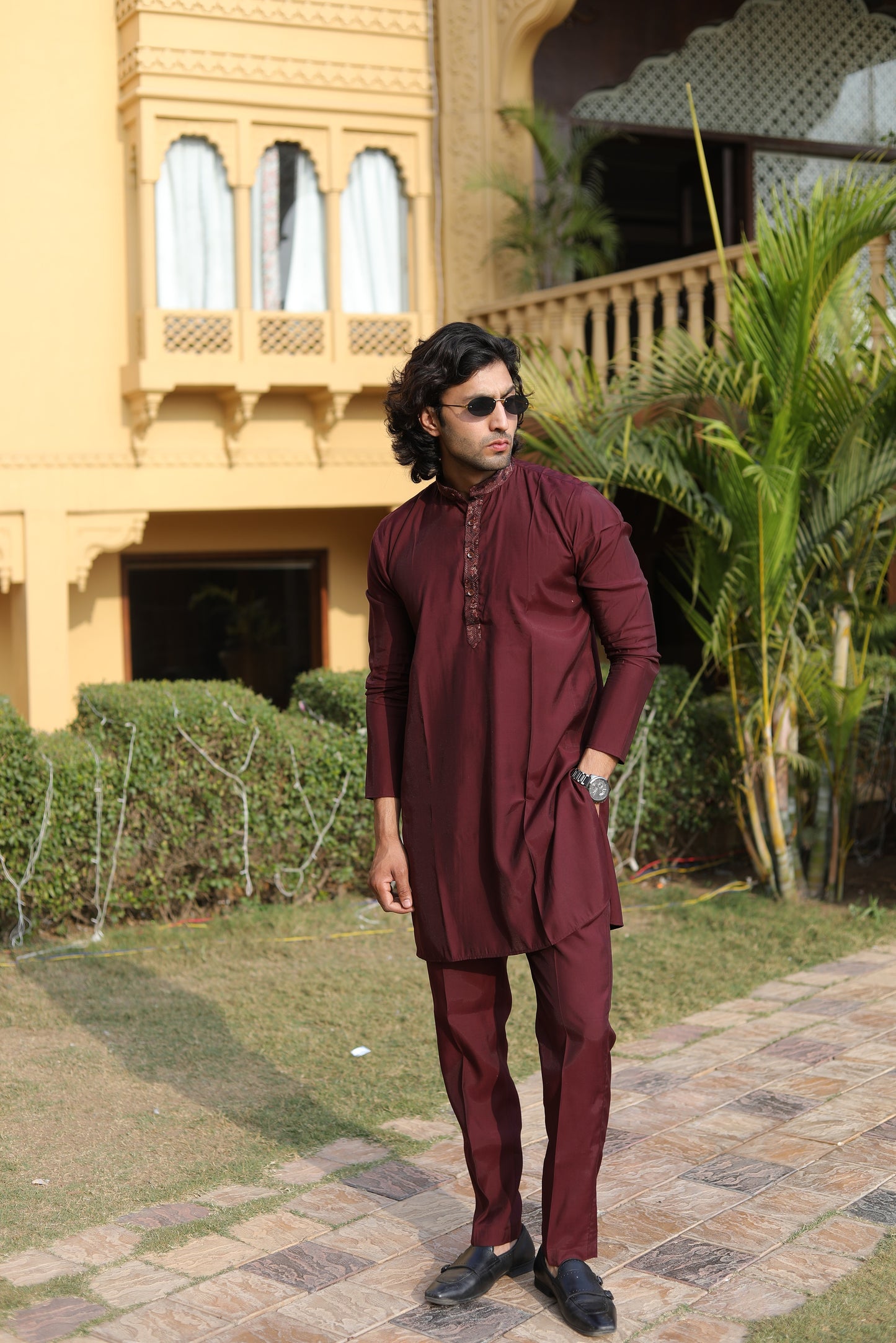 Maroon Velvet Long Jacket Set