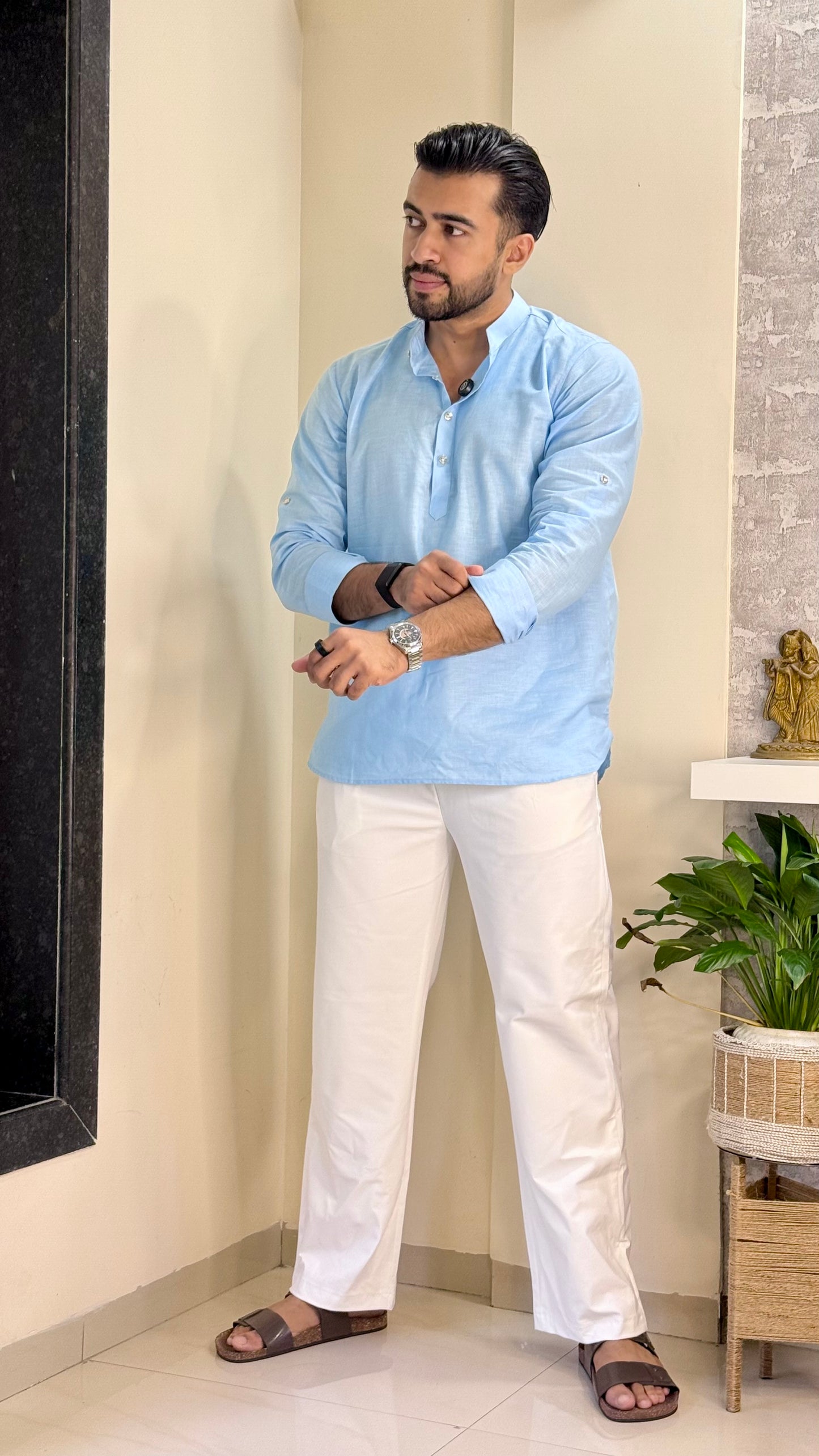 Sky Blue Linen Short Kurta
