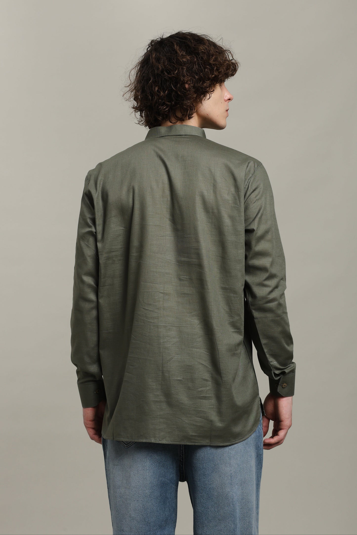 Olive Green Linen Short Kurta