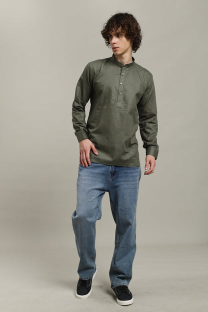 Olive Green Linen Short Kurta