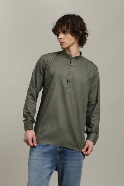 Olive Green Linen Short Kurta