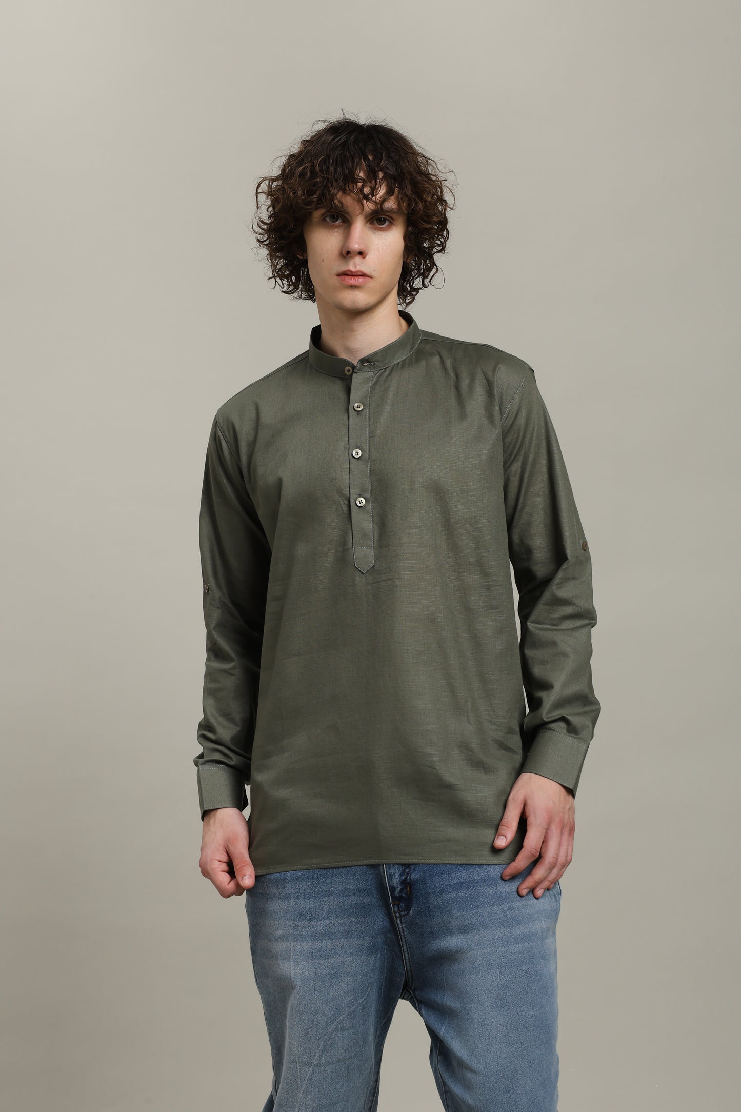 Olive Green Linen Short Kurta