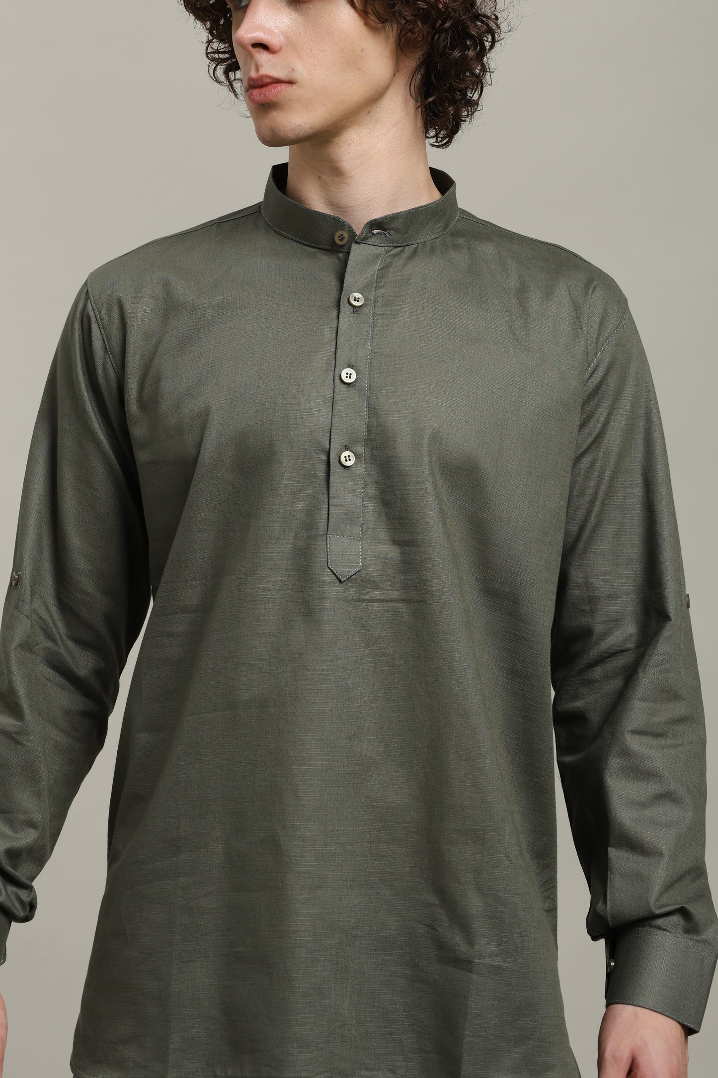 Olive Green Linen Short Kurta