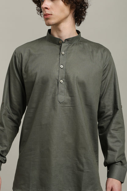 Olive Green Linen Short Kurta