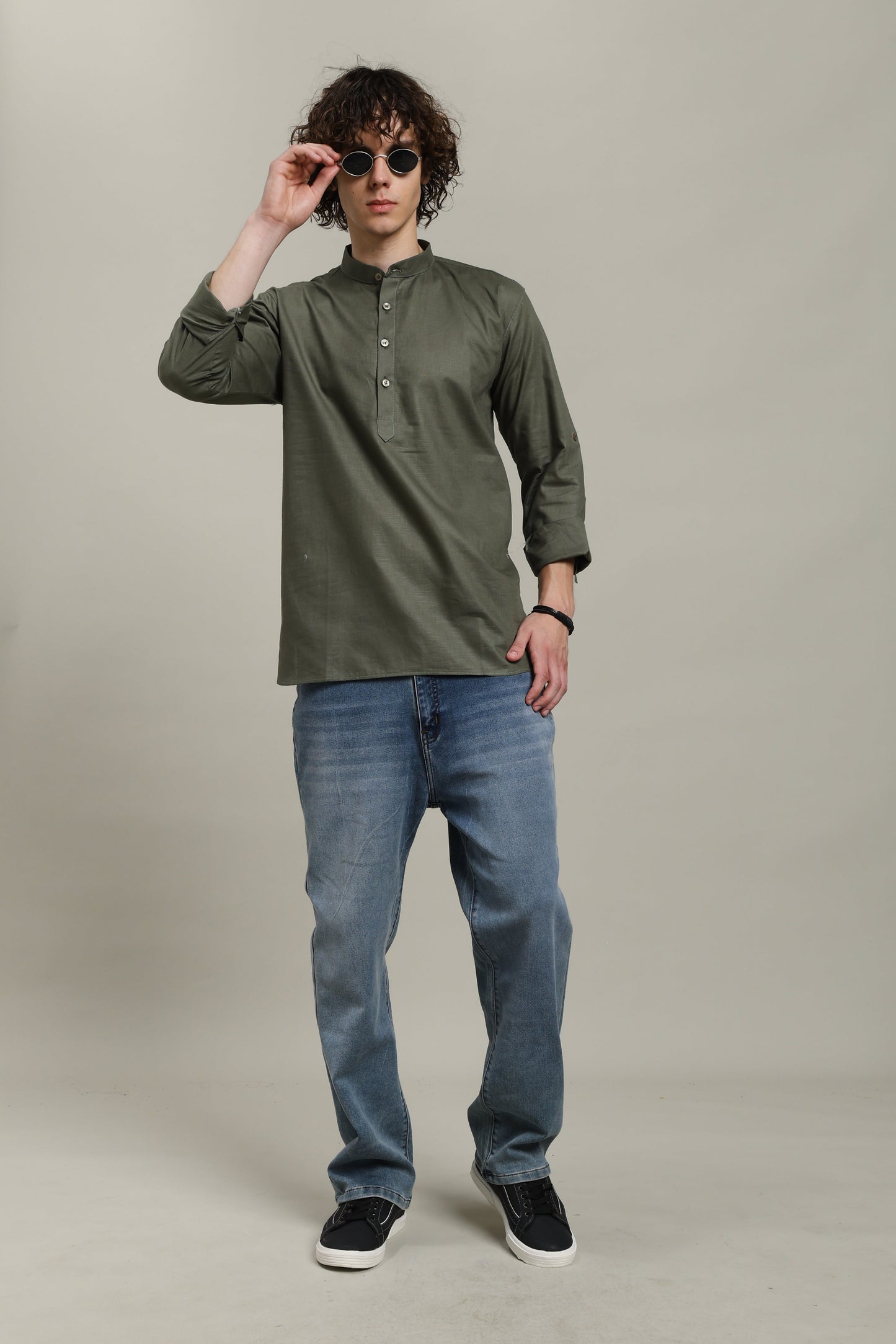 Olive Green Linen Short Kurta