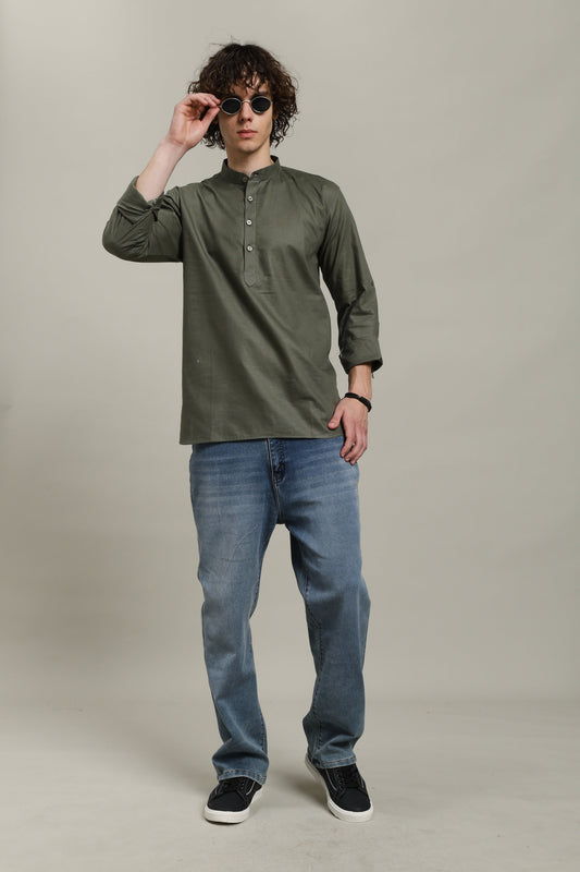 Olive Green Linen Short Kurta