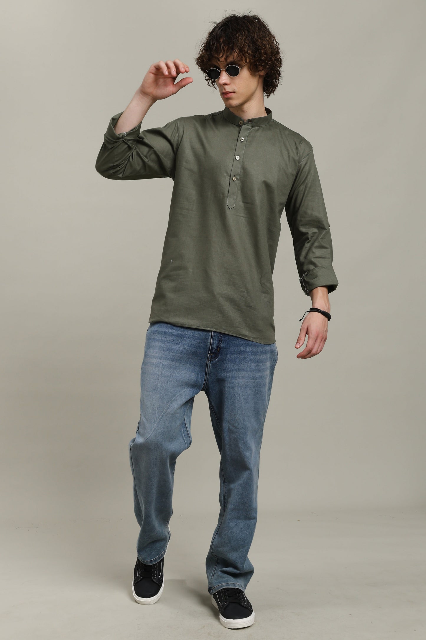 Olive Green Linen Short Kurta