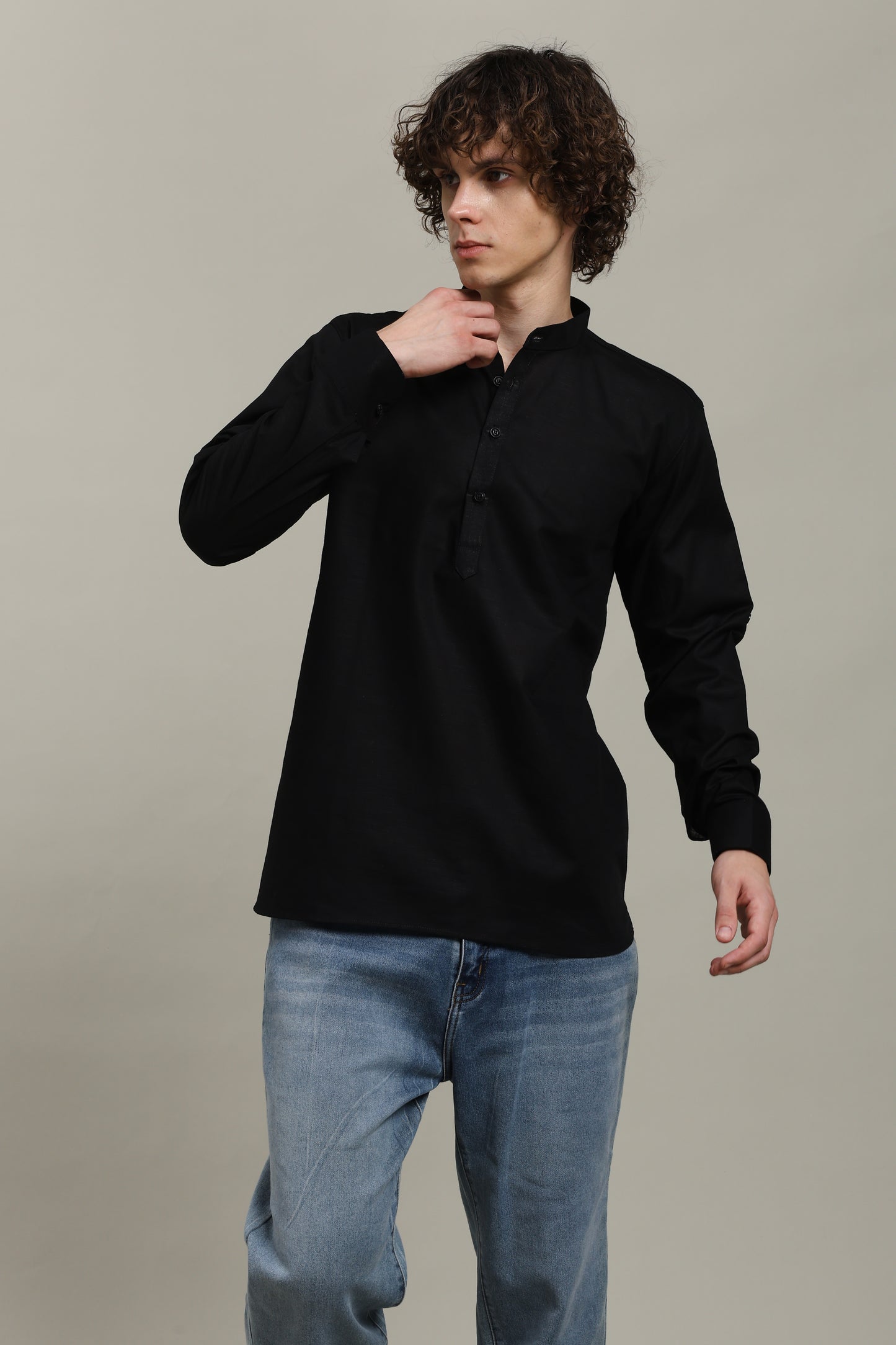 Black Linen Short Kurta
