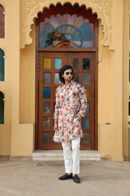 Camel Floral Print Silk Kurta