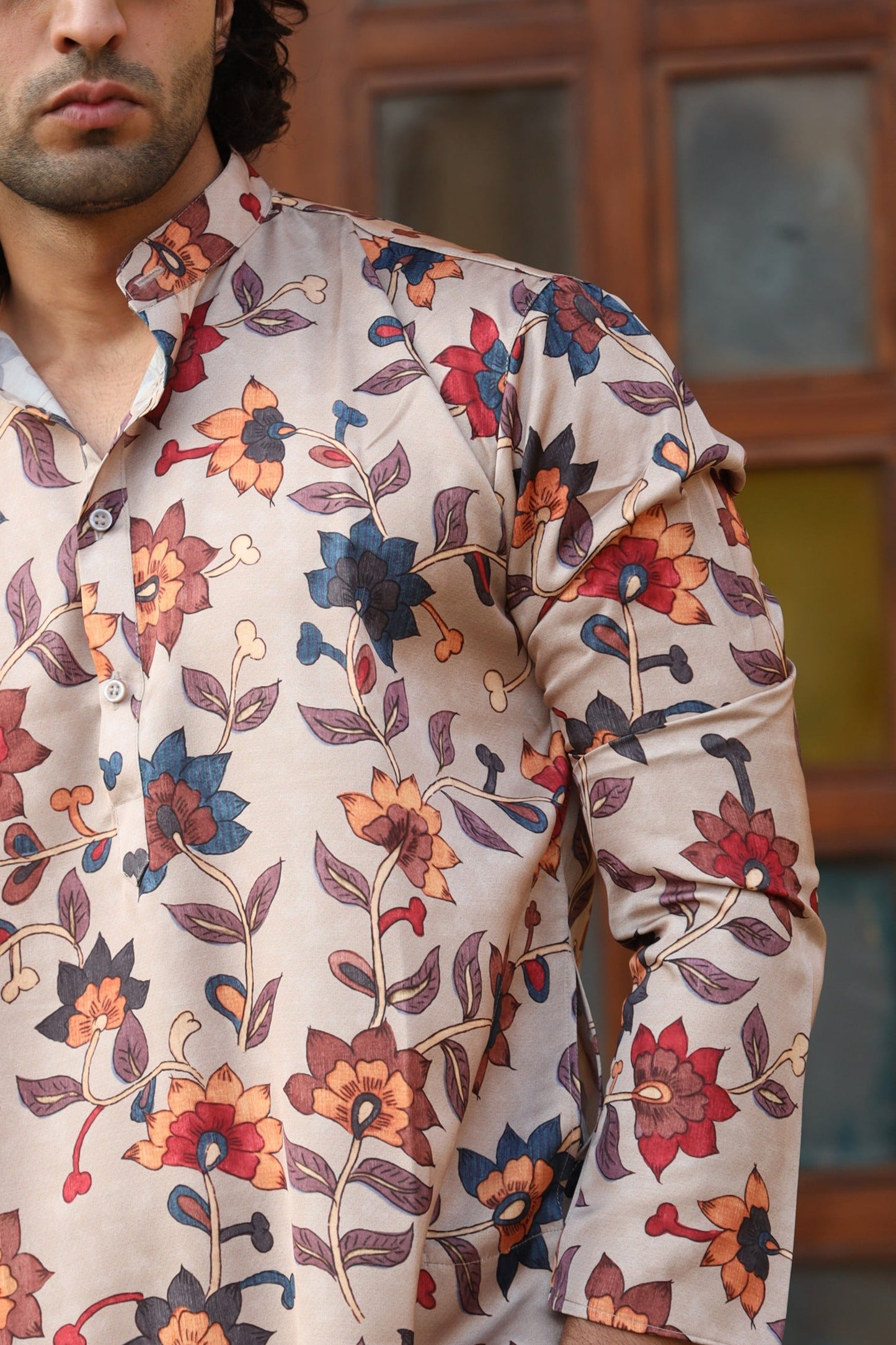 Camel Floral Print Silk Kurta