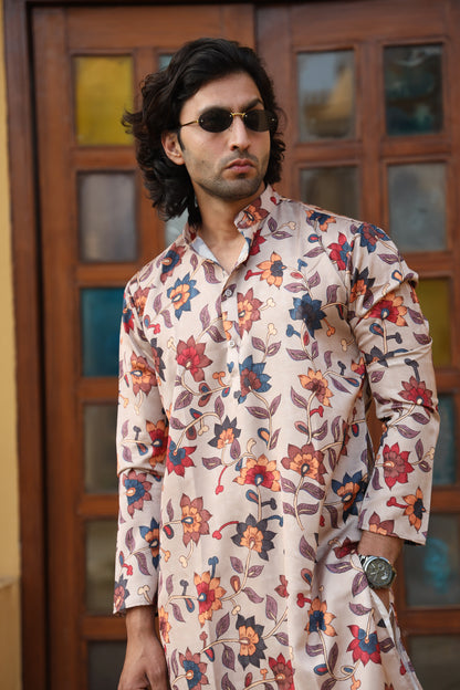 Camel Floral Print Silk Kurta