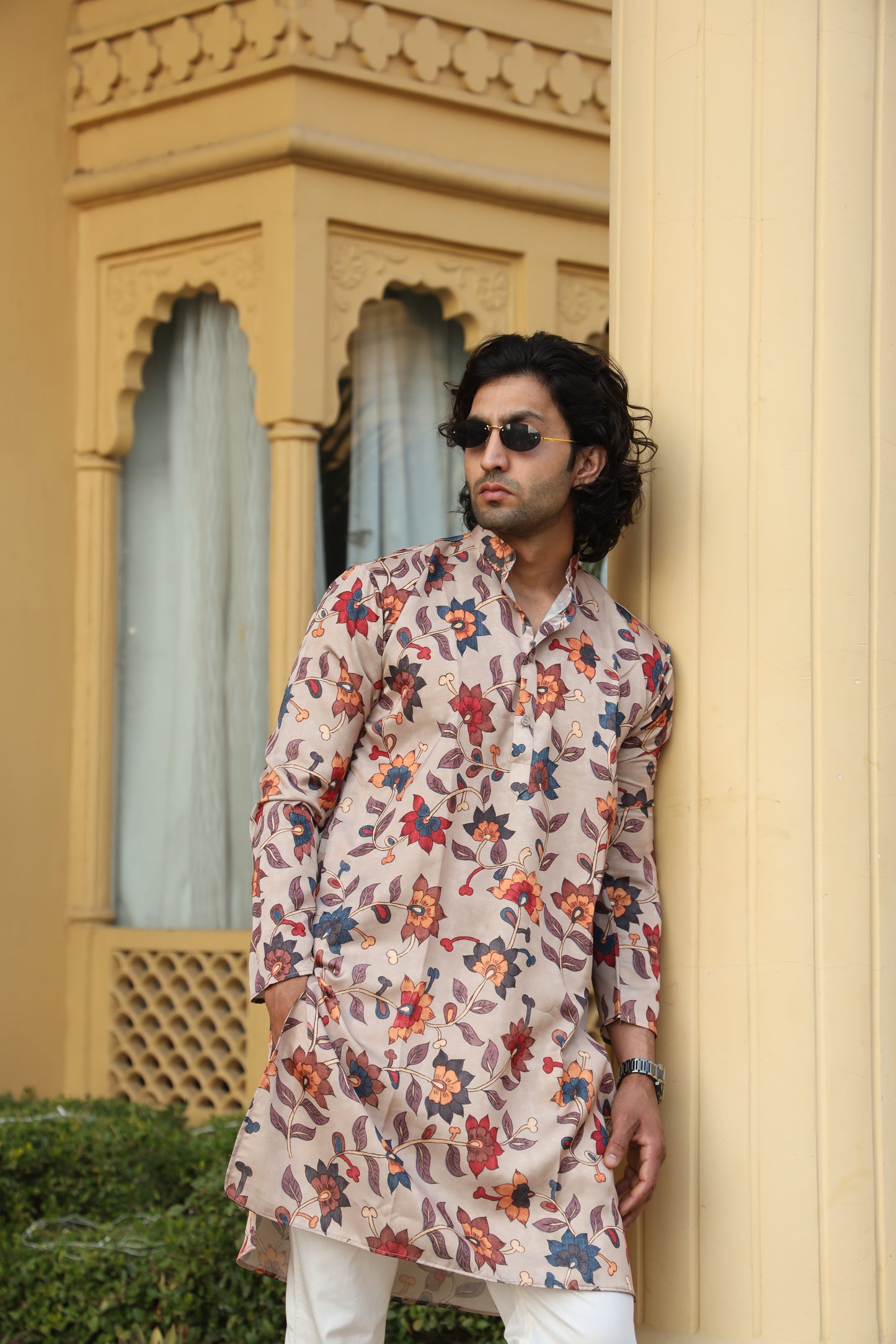 Camel Floral Print Silk Kurta