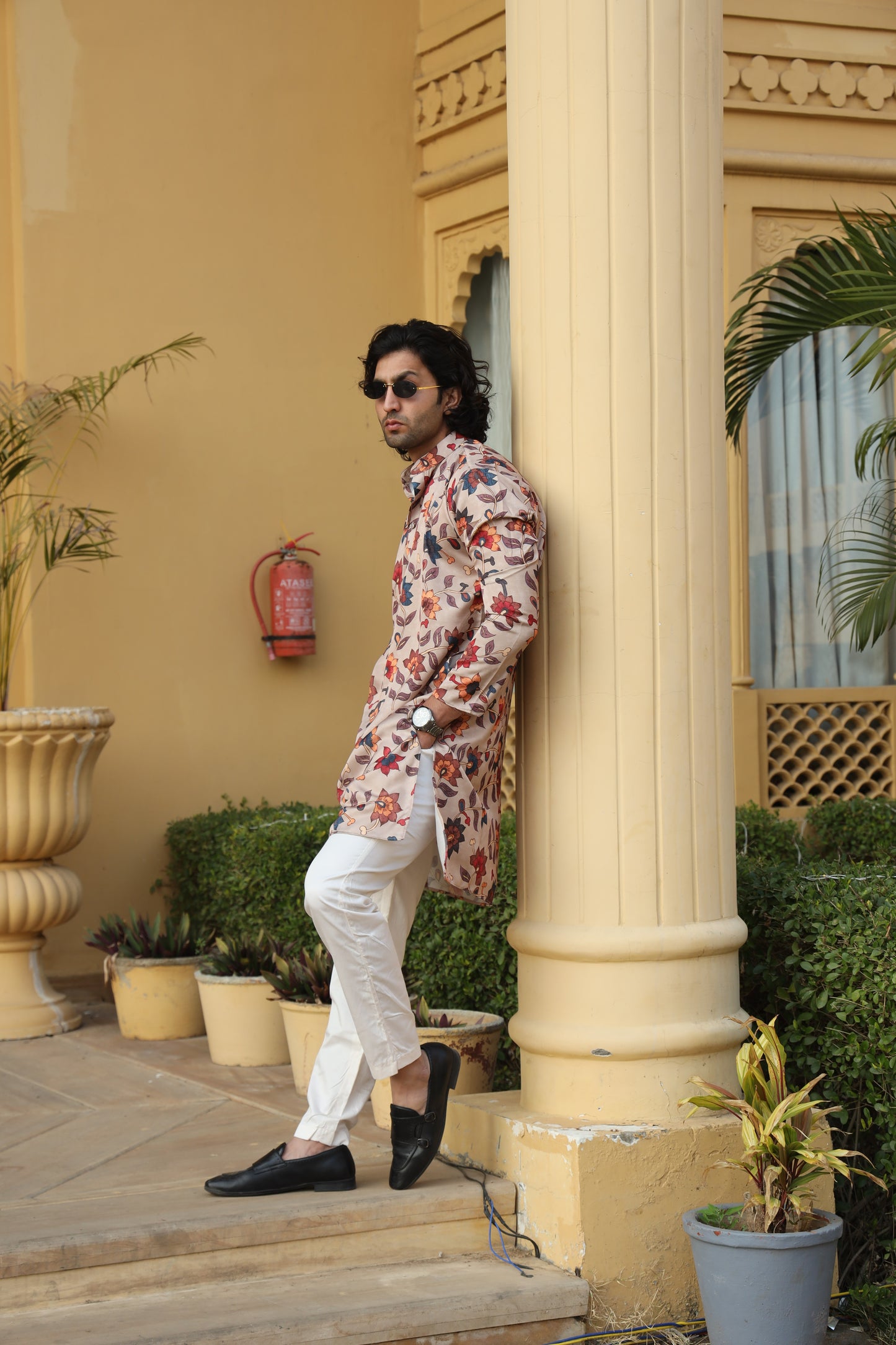 Camel Floral Print Silk Kurta