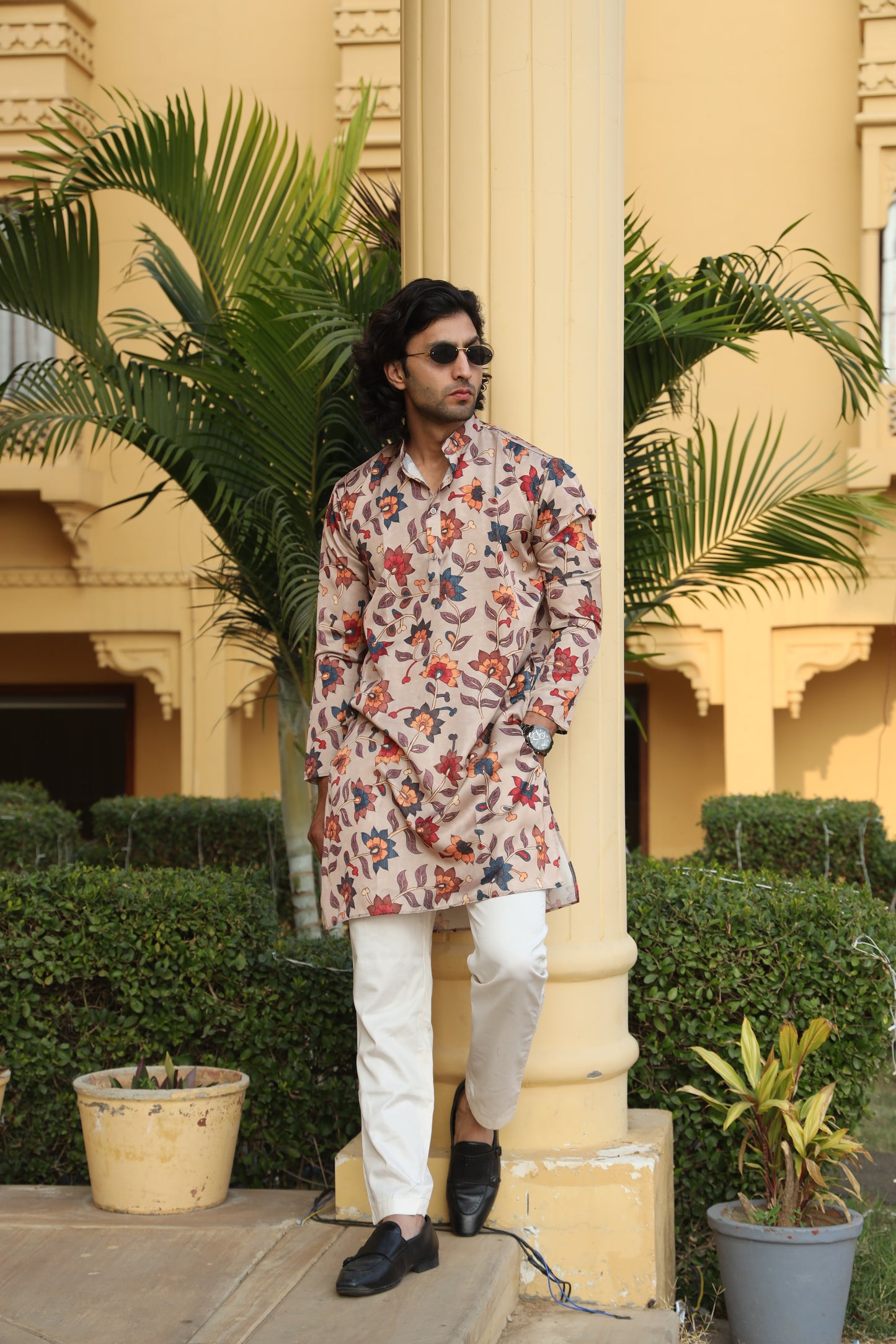 Camel Floral Print Silk Kurta