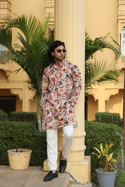 Camel Floral Print Silk Kurta