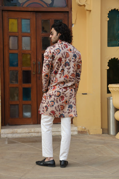 Camel Floral Print Silk Kurta