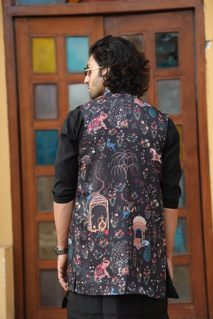 Printed Black Long Jacket Set