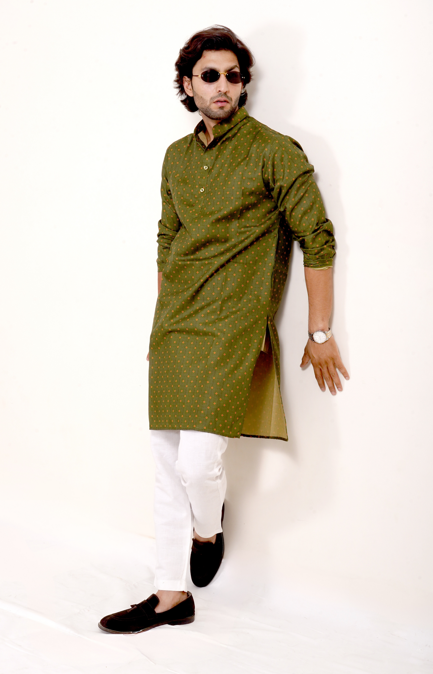 Green Dotted Print Kurta Only