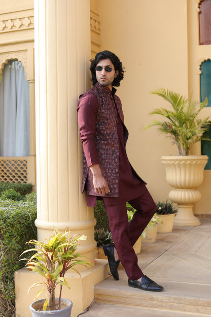 Maroon Valvet Long Jacket Set