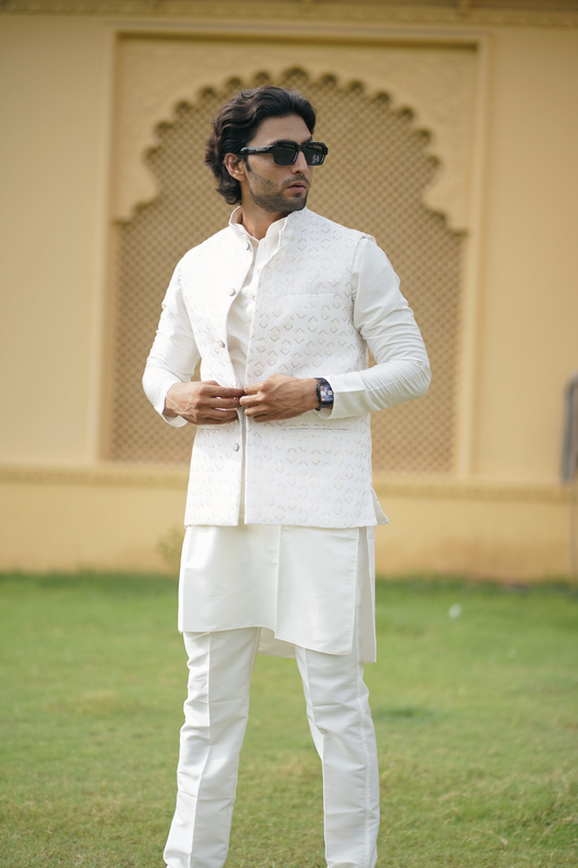 Royal White Embroidered Jacket Set