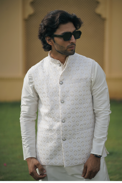 Royal White Embroidered Jacket Set