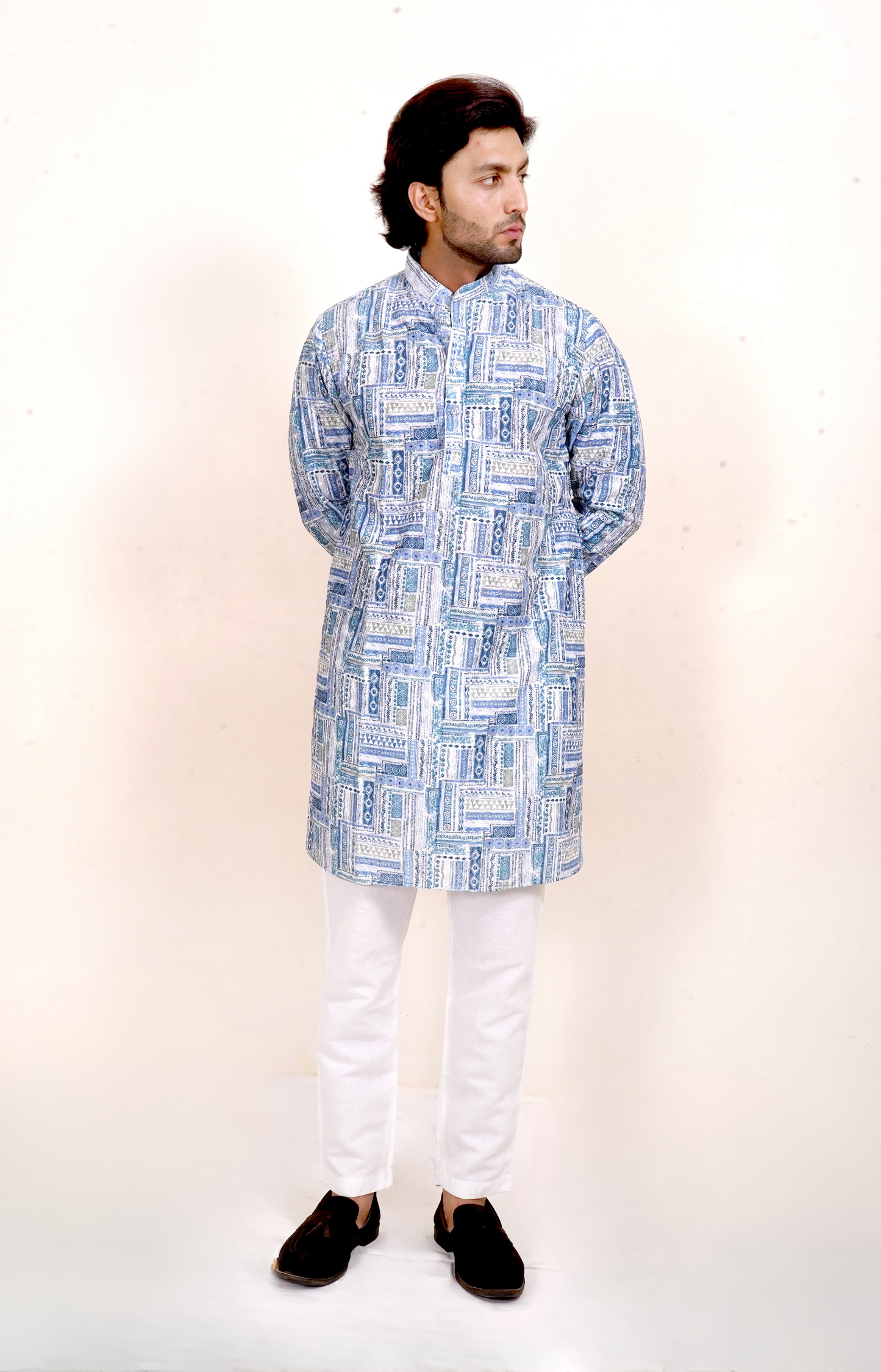 Geometric Blue Embroidered Kurta Only