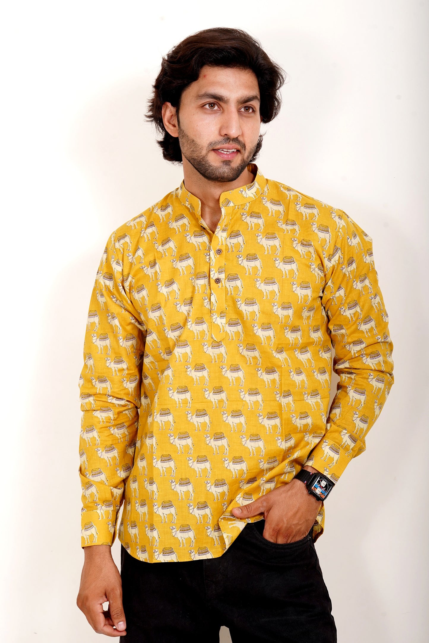 Pure Cotton Kurta - Yellow Camel Print