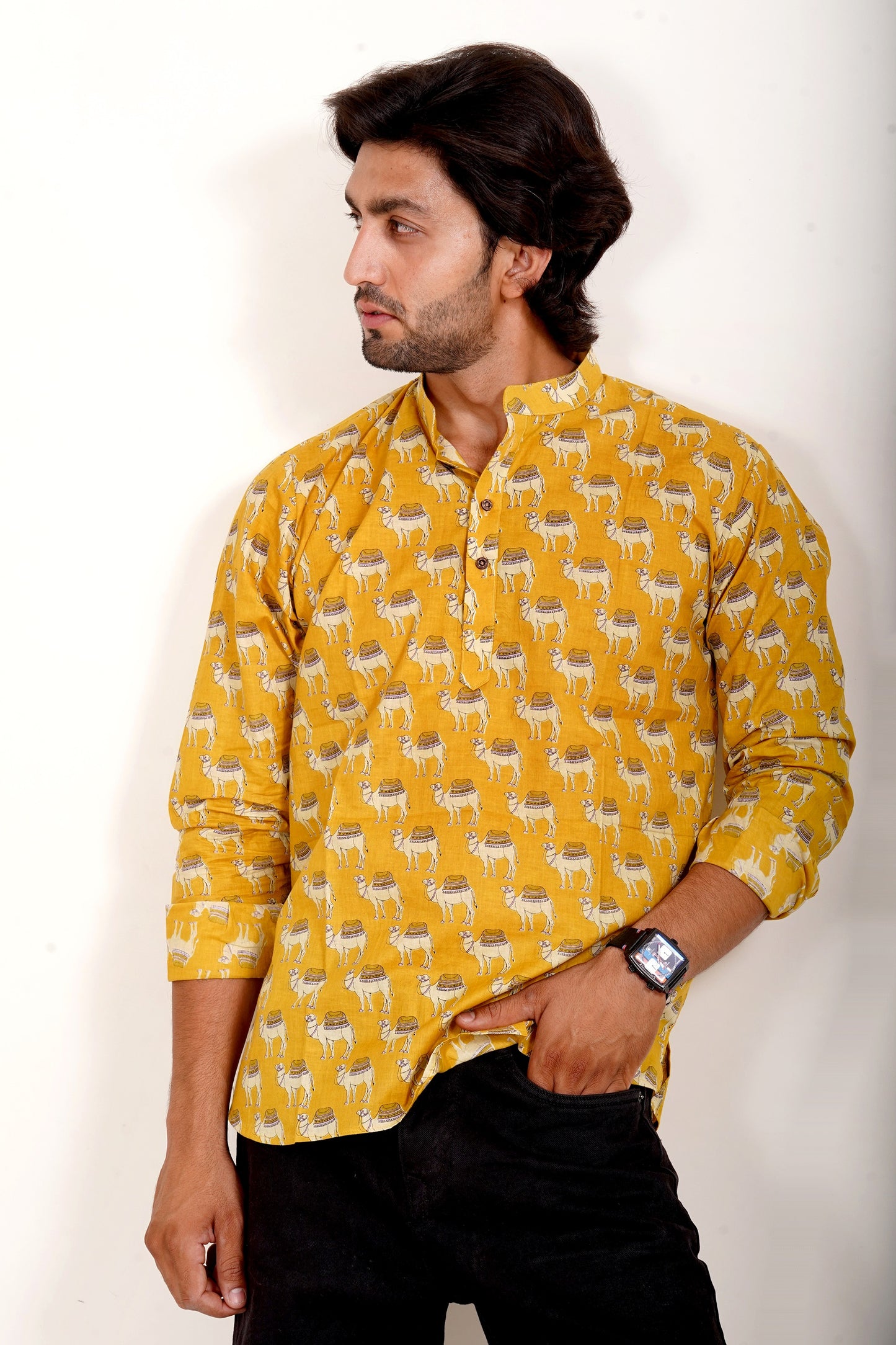 Pure Cotton Kurta - Yellow Camel Print