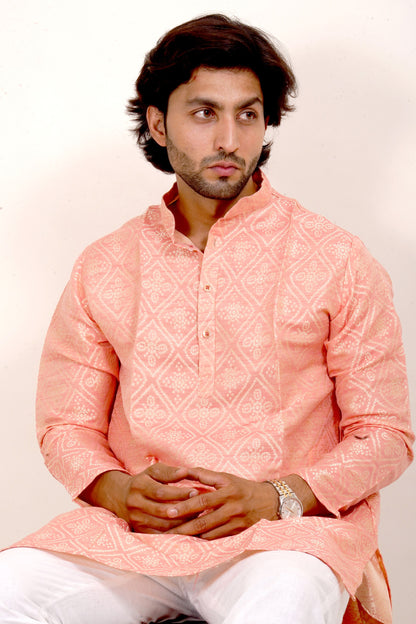 Traditional Peach Bandhani Kurta Set