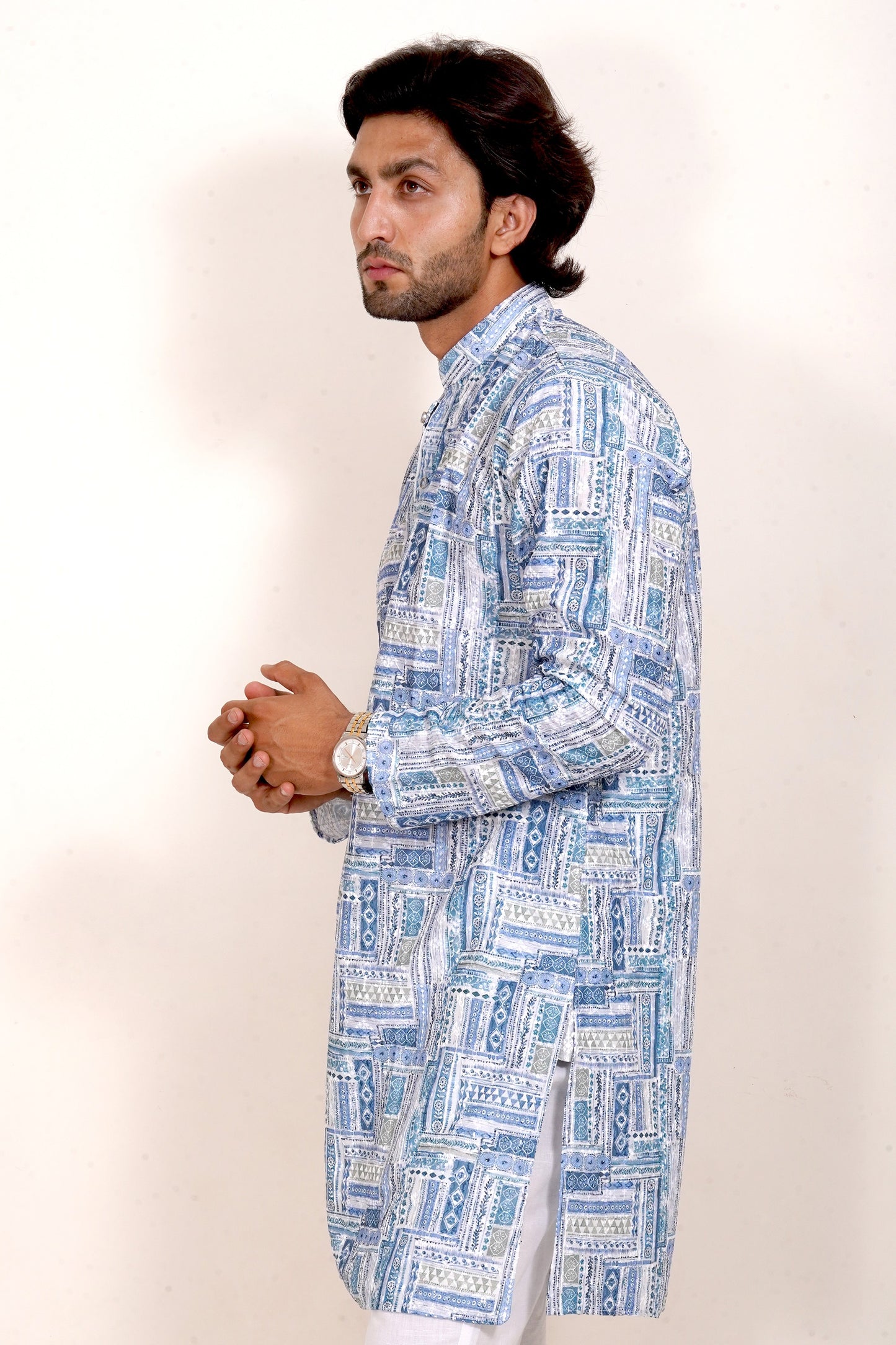 Geometric Blue Embroidered Kurta Set