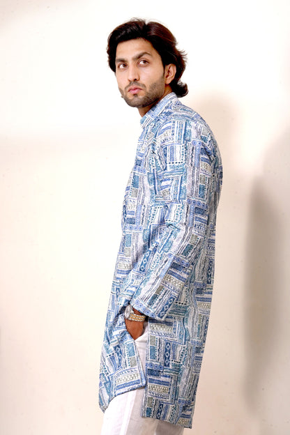 Geometric Blue Embroidered Kurta Only