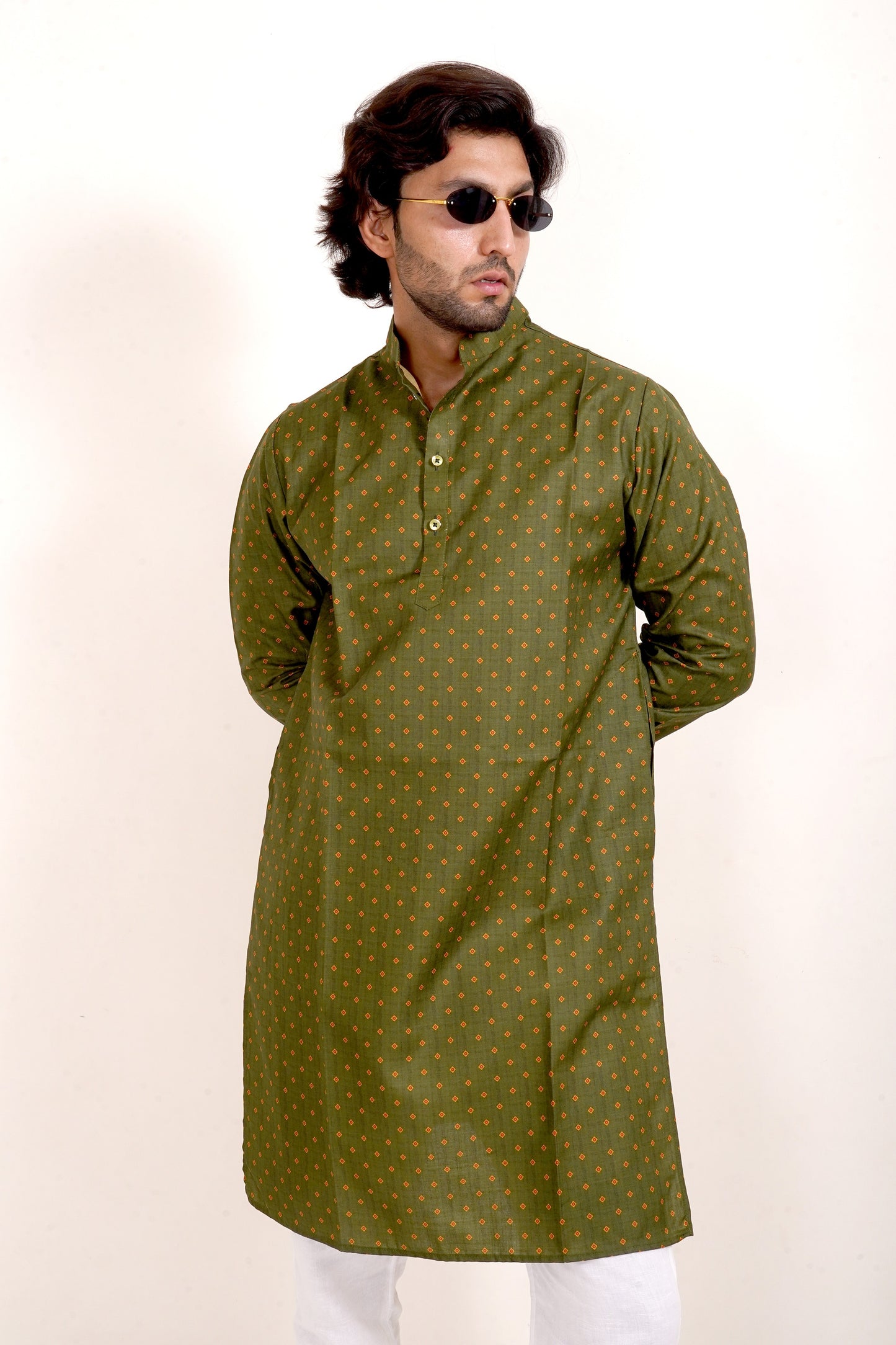 Green Dotted Print Kurta Only