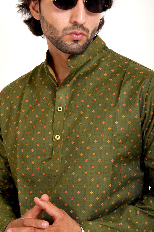 Green Dotted Print Kurta Only