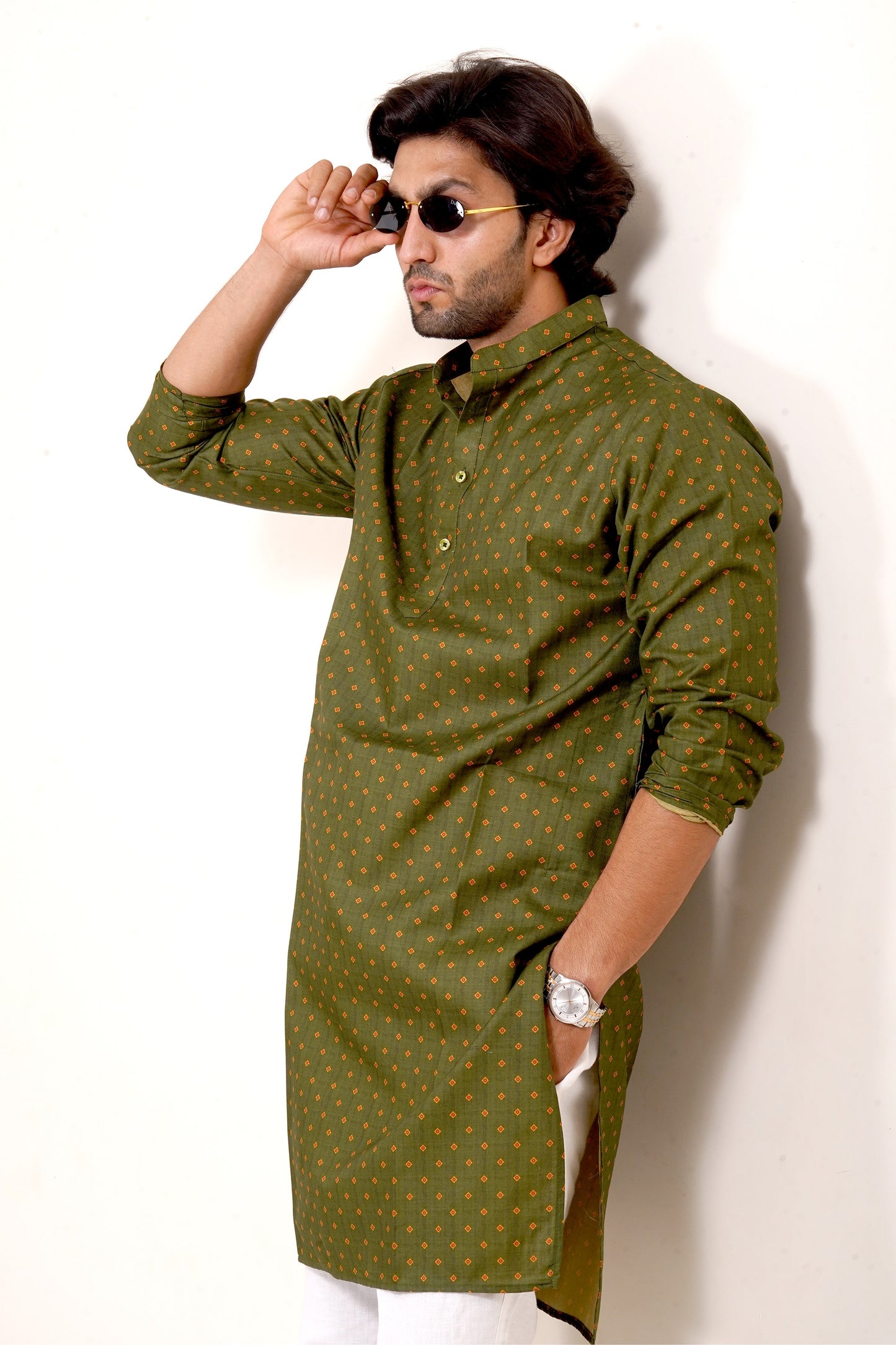 Green Dotted Print Kurta Only