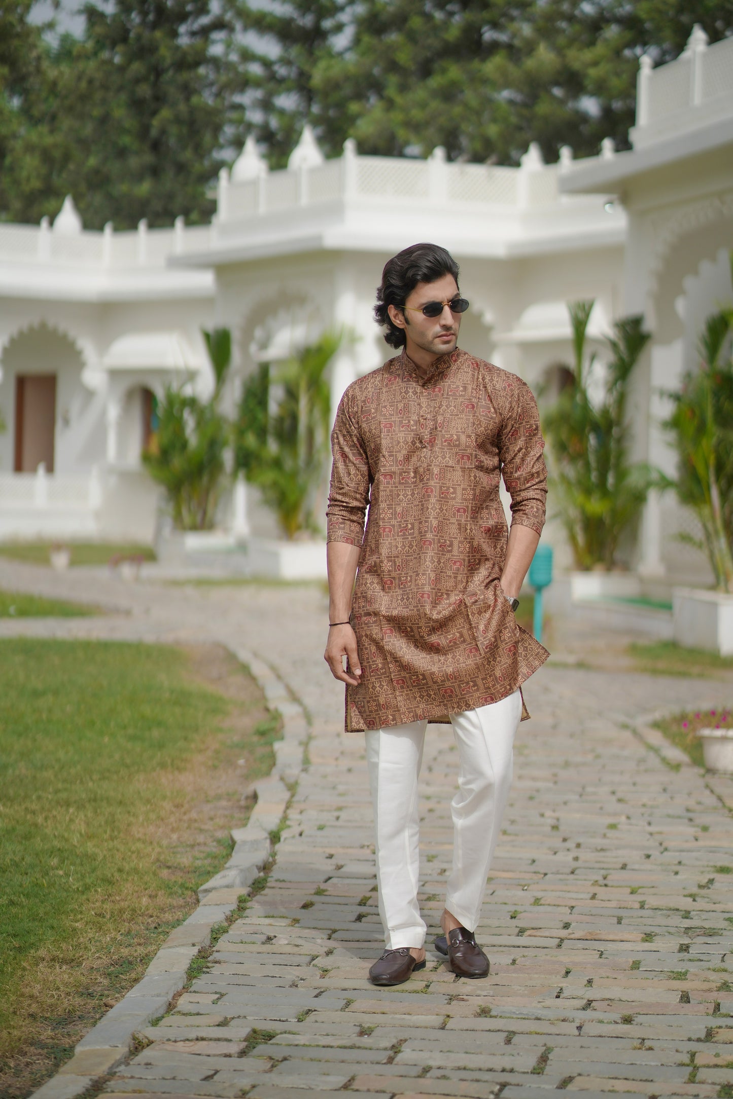 Ikat Print Kurta Brown
