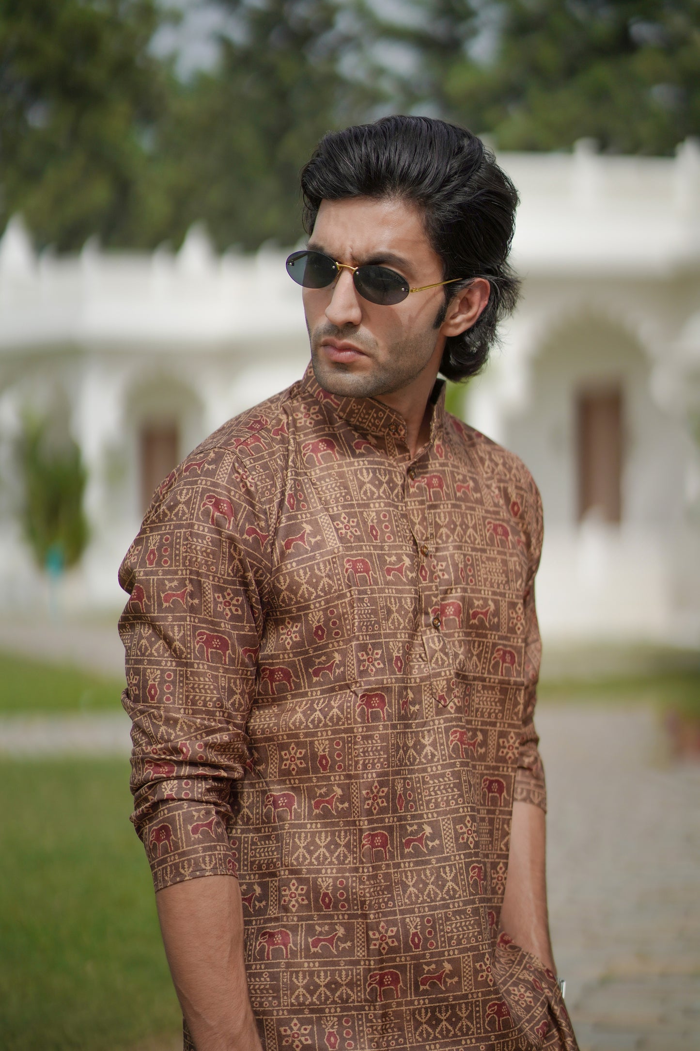 Ikat Print Kurta Brown