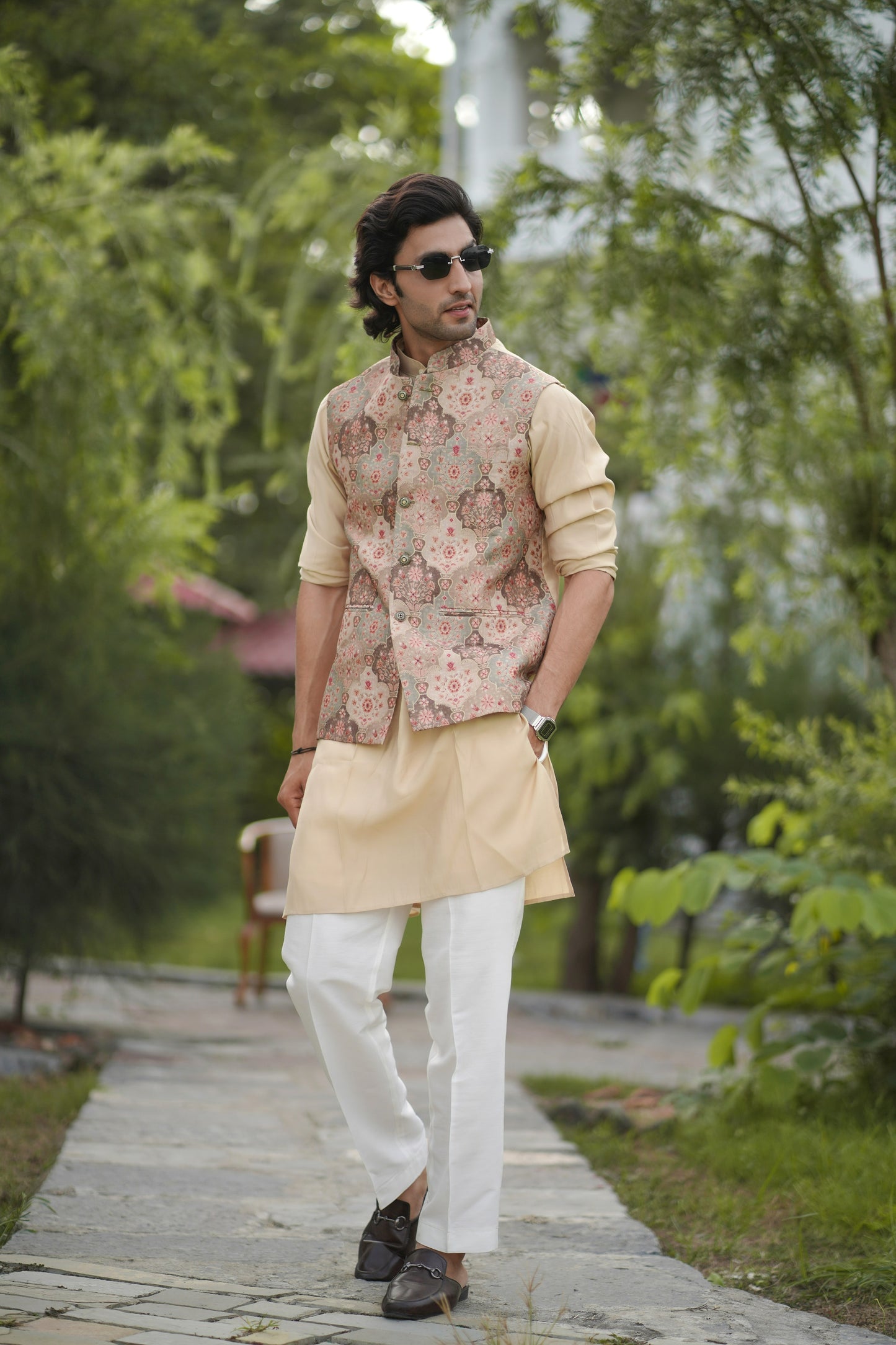 Embroidered Brown Jacket Set