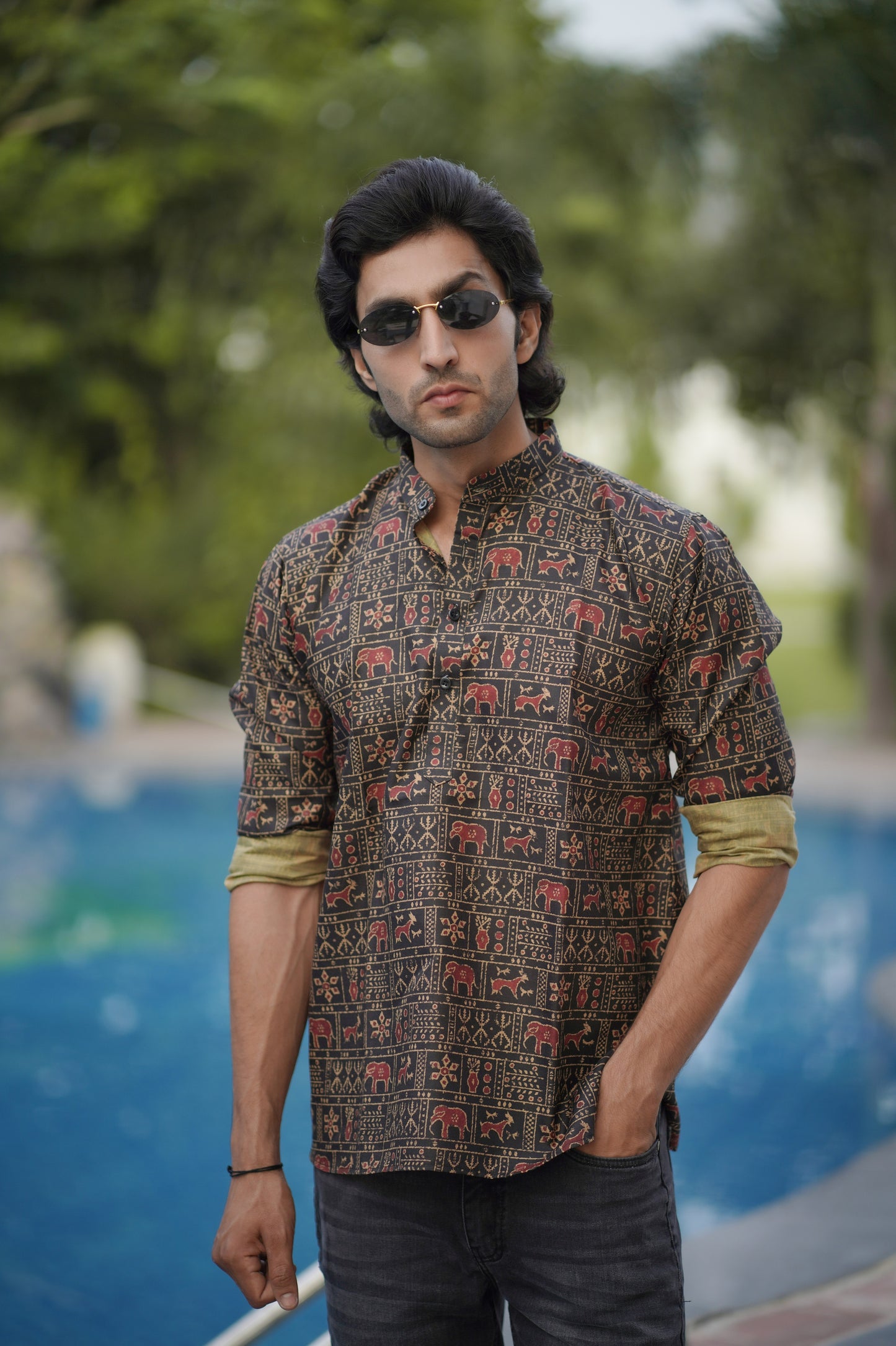 Ikat Print Short Kurta Black