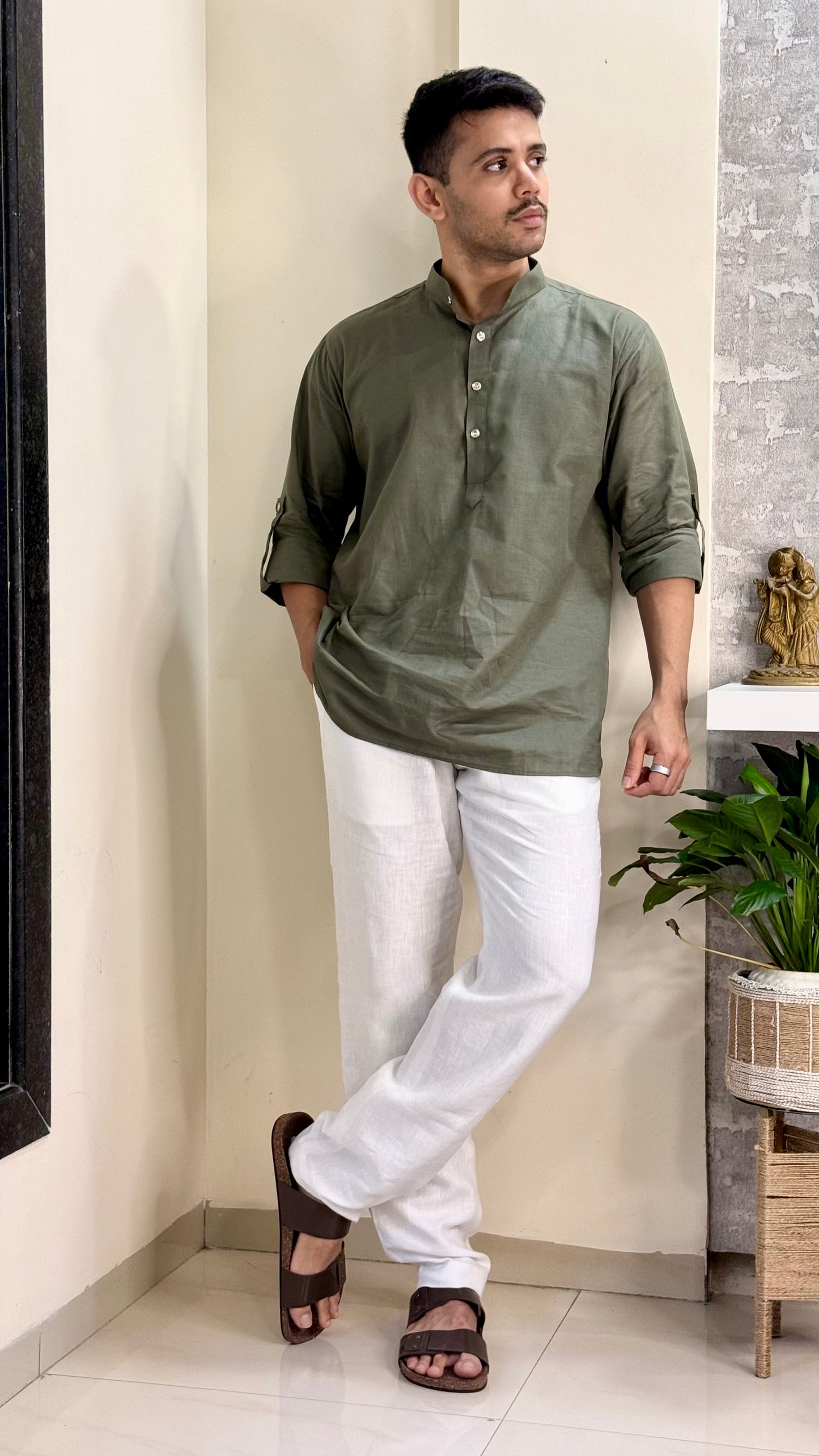 Olive Green Linen Short Kurta