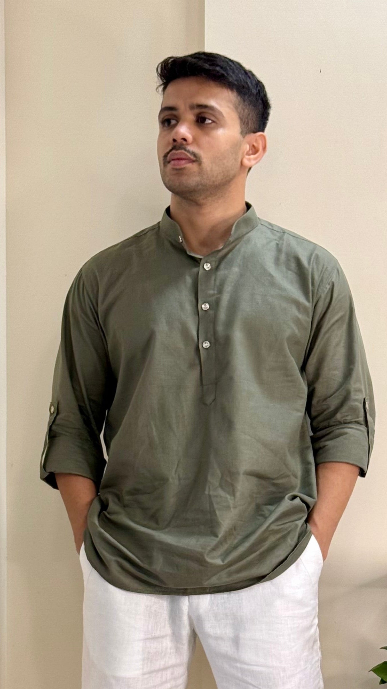 Olive Green Linen Short Kurta