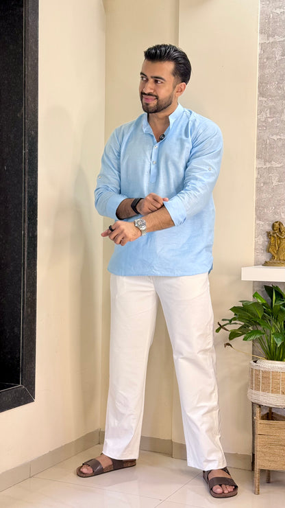 Sky Blue Linen Short Kurta