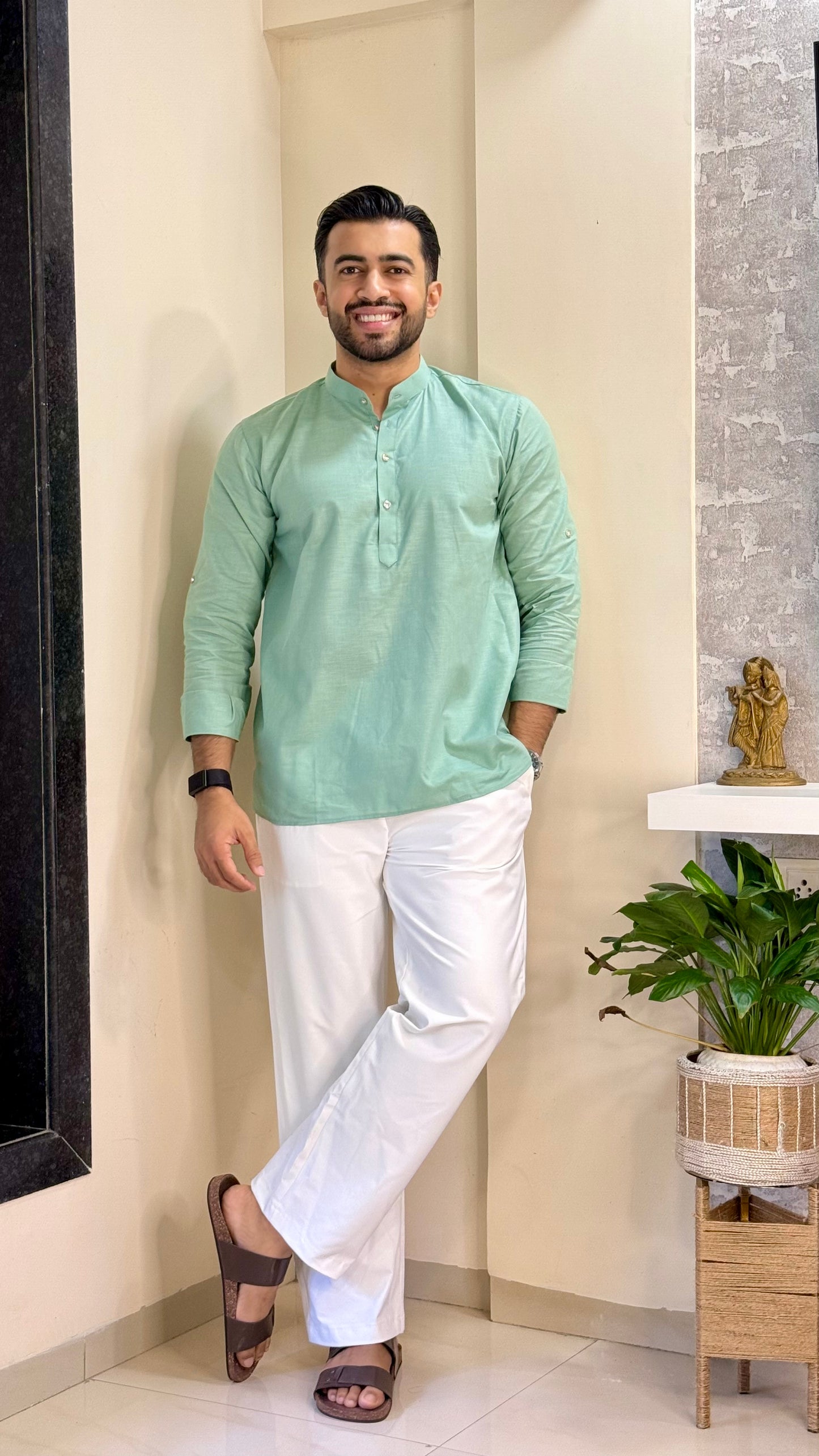 Aqua Blue Linen Short Kurta