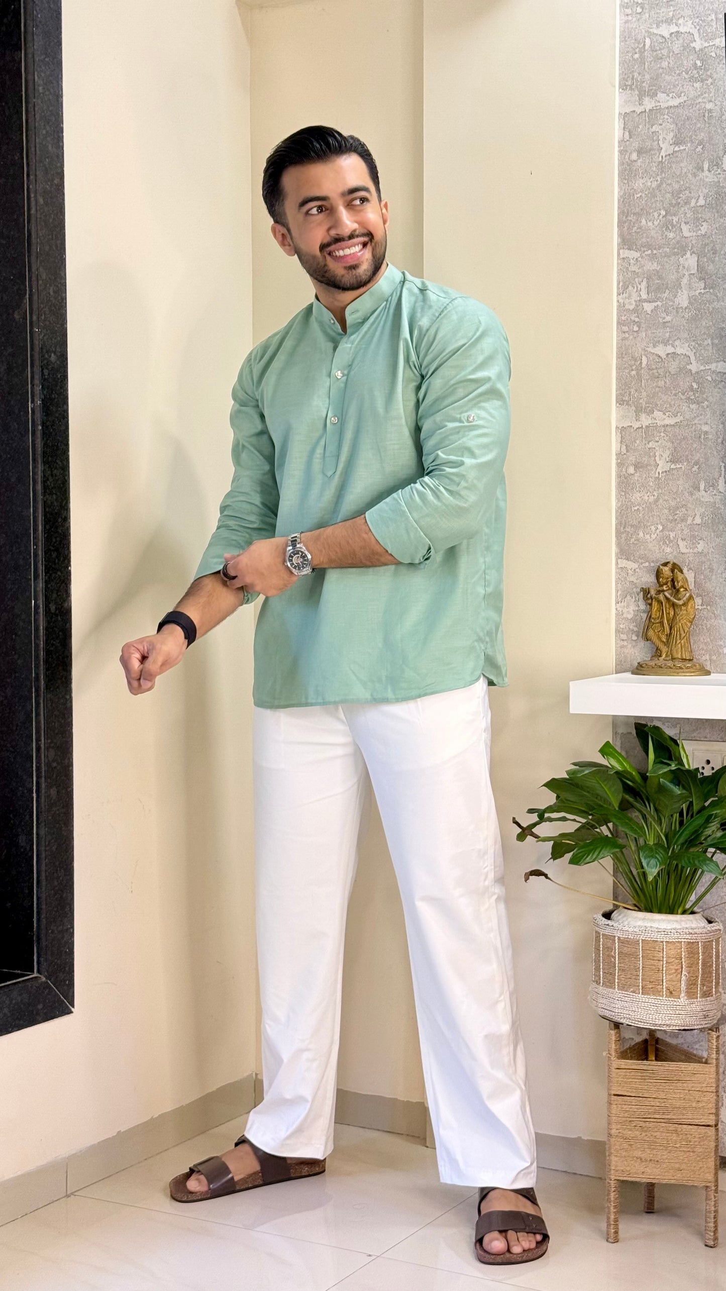 Aqua Blue Linen Short Kurta
