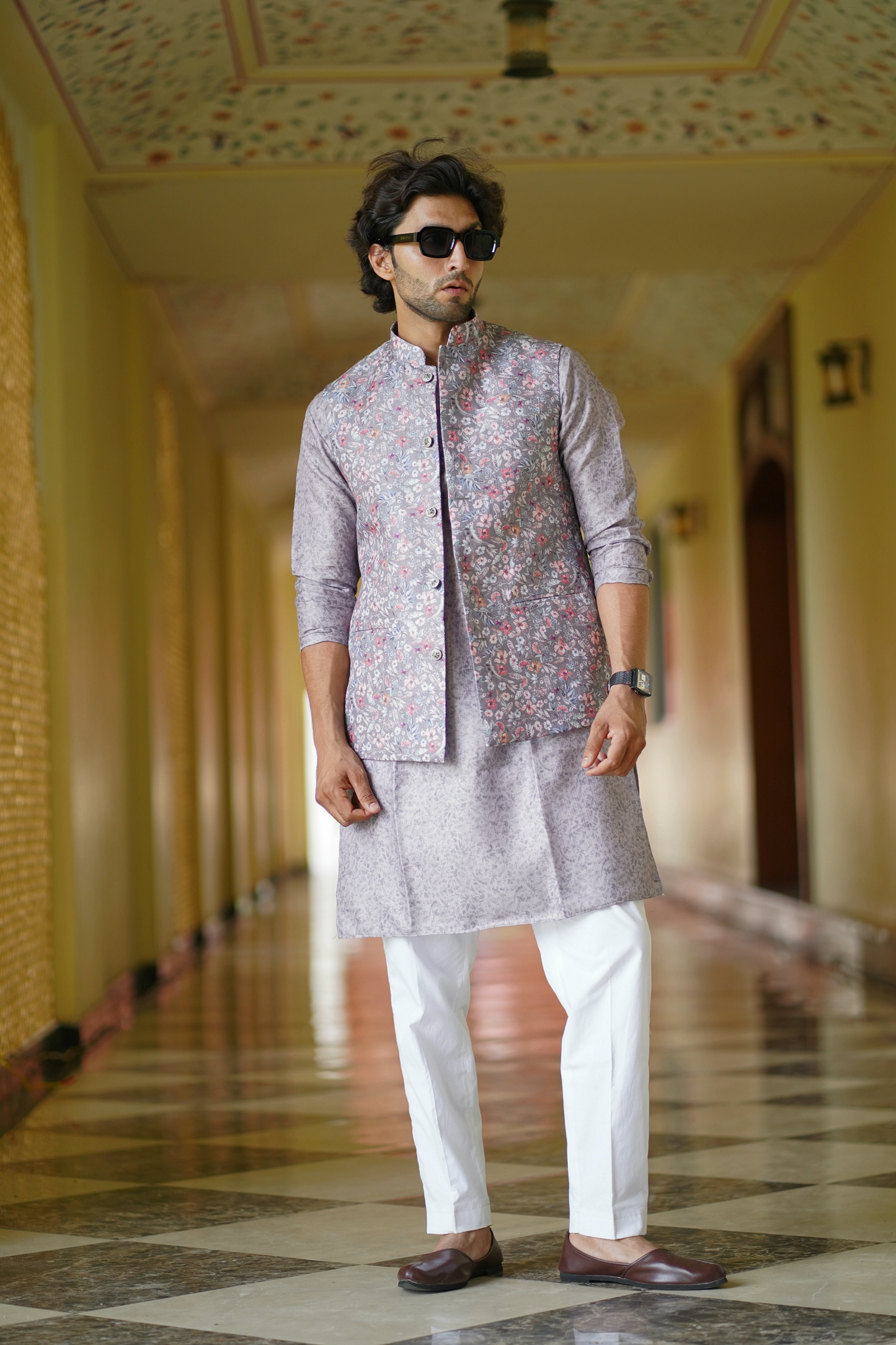 Ethnic Floral Grey Jacket Set